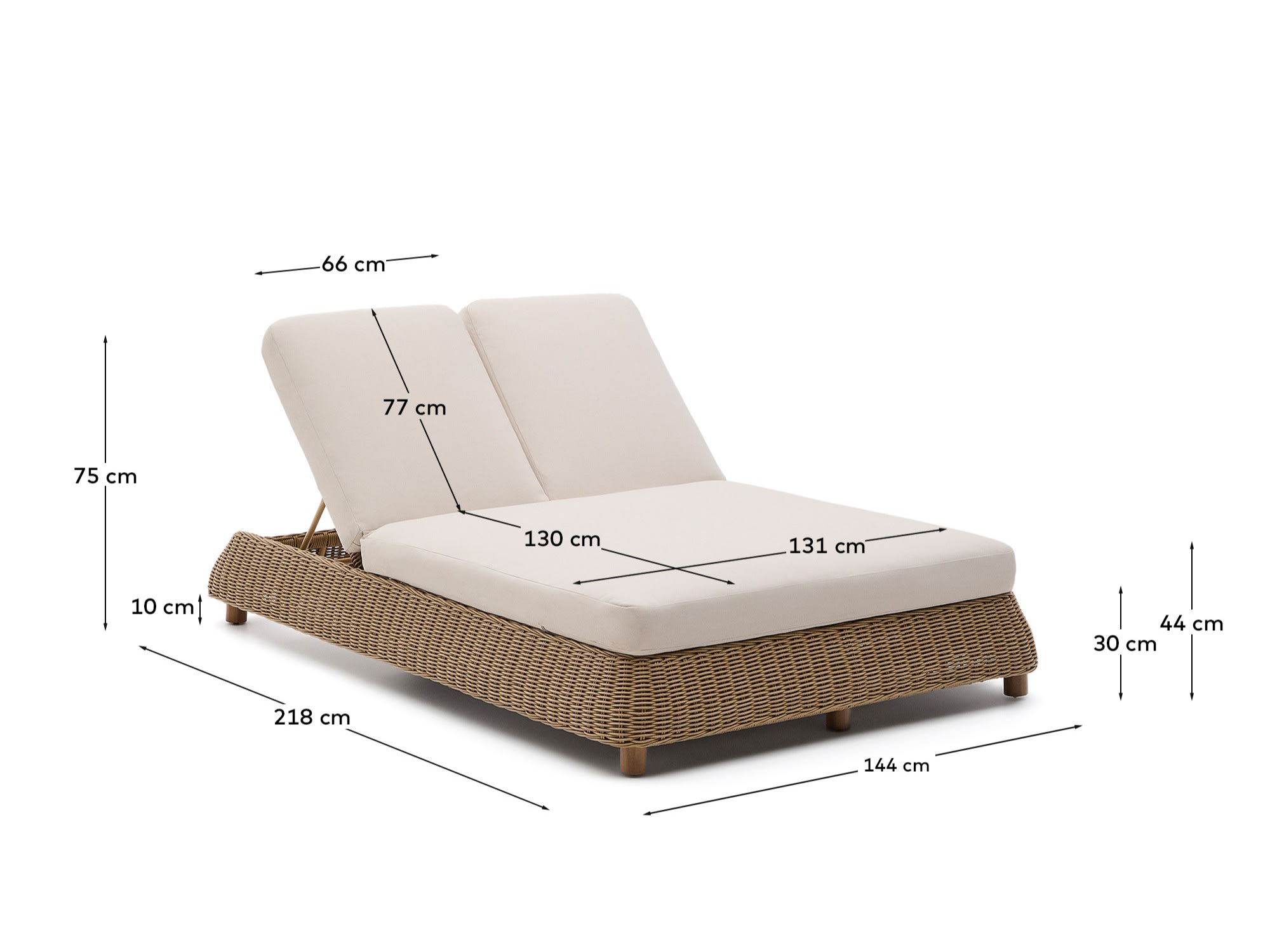 Meria double sun lounger in synthetic rattan with FSC 100% solid acacia wood legs