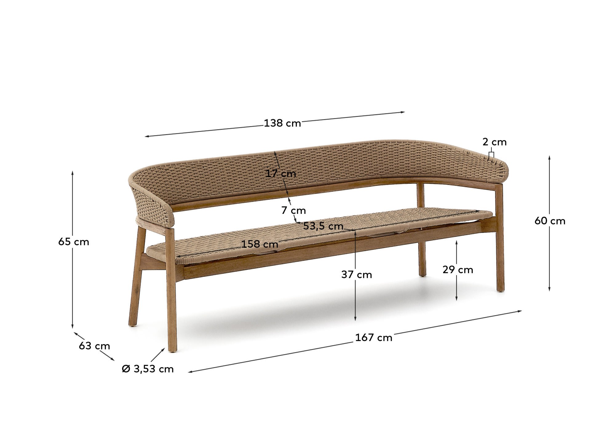 Arinella 3-seater sofa in FSC 100% solid acacia wood with natural finish and beige rope cord 167 cm
