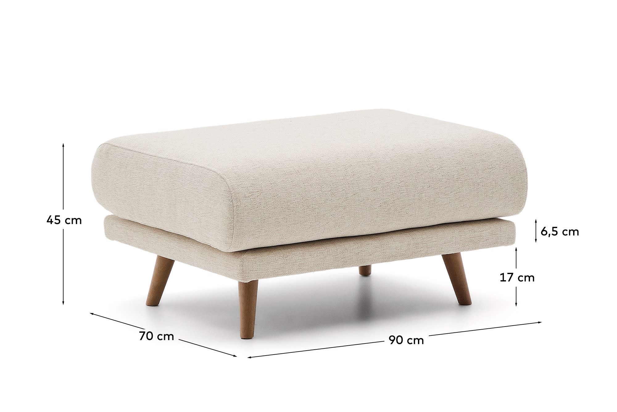 Karin footrest in beige chenille with solid beech wood legs in natural colour finish 90 x 70 cm