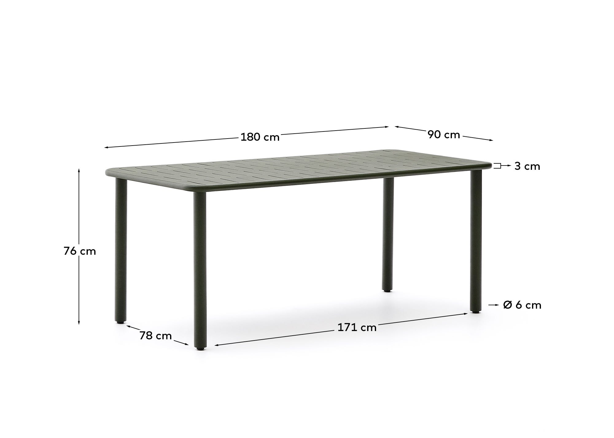 Brai outdoor table in green galvanised steel 180 x 90cm