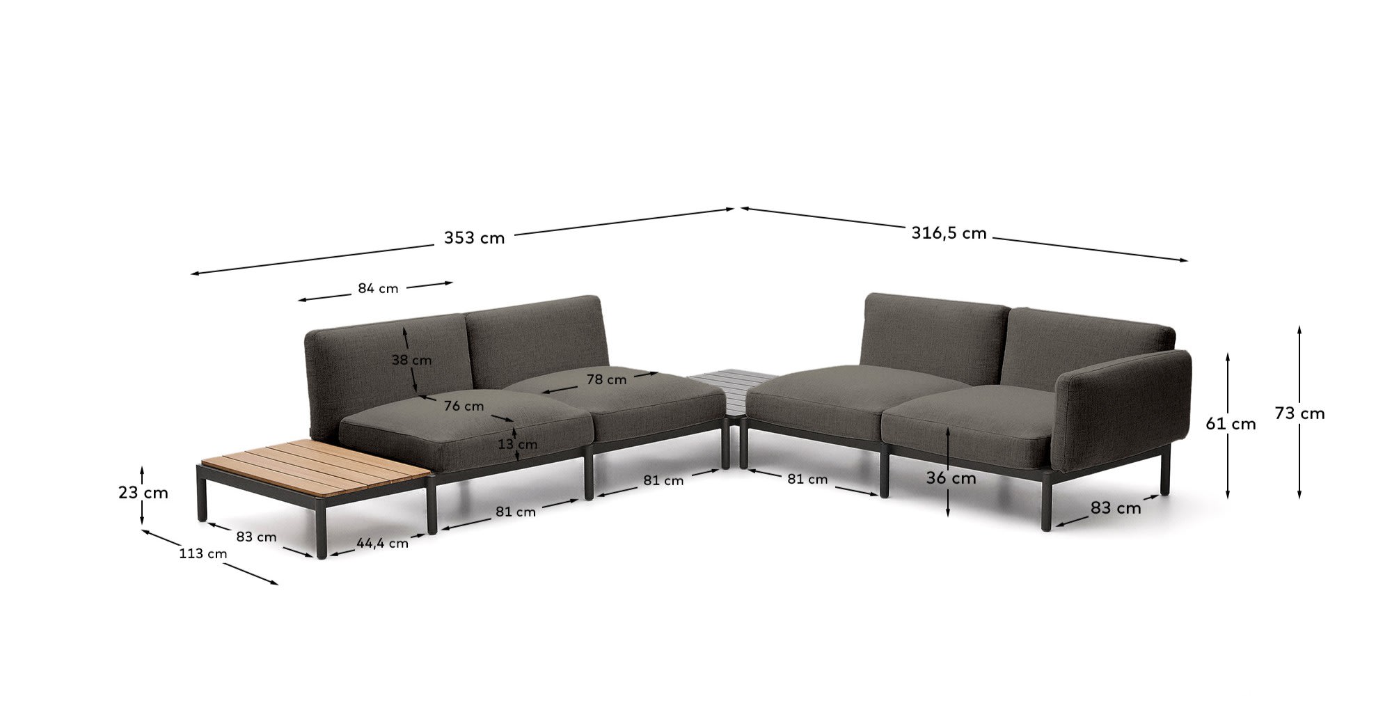 Sorells outdoor modular 4-seater corner sofa with grey upholstery and grey aluminium with teak table 353 x 316.5cm FSC 100%
