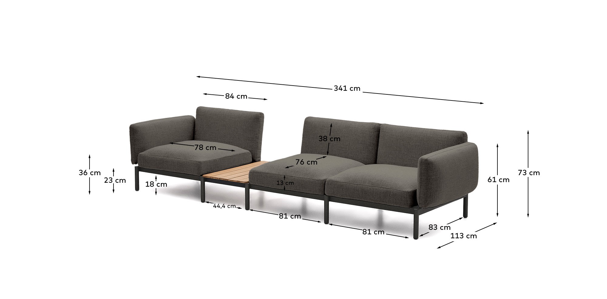 Sorells outdoor modular 3-seater sofa with grey upholstery and grey aluminium with teak table 341 x 113cm FSC 100%
