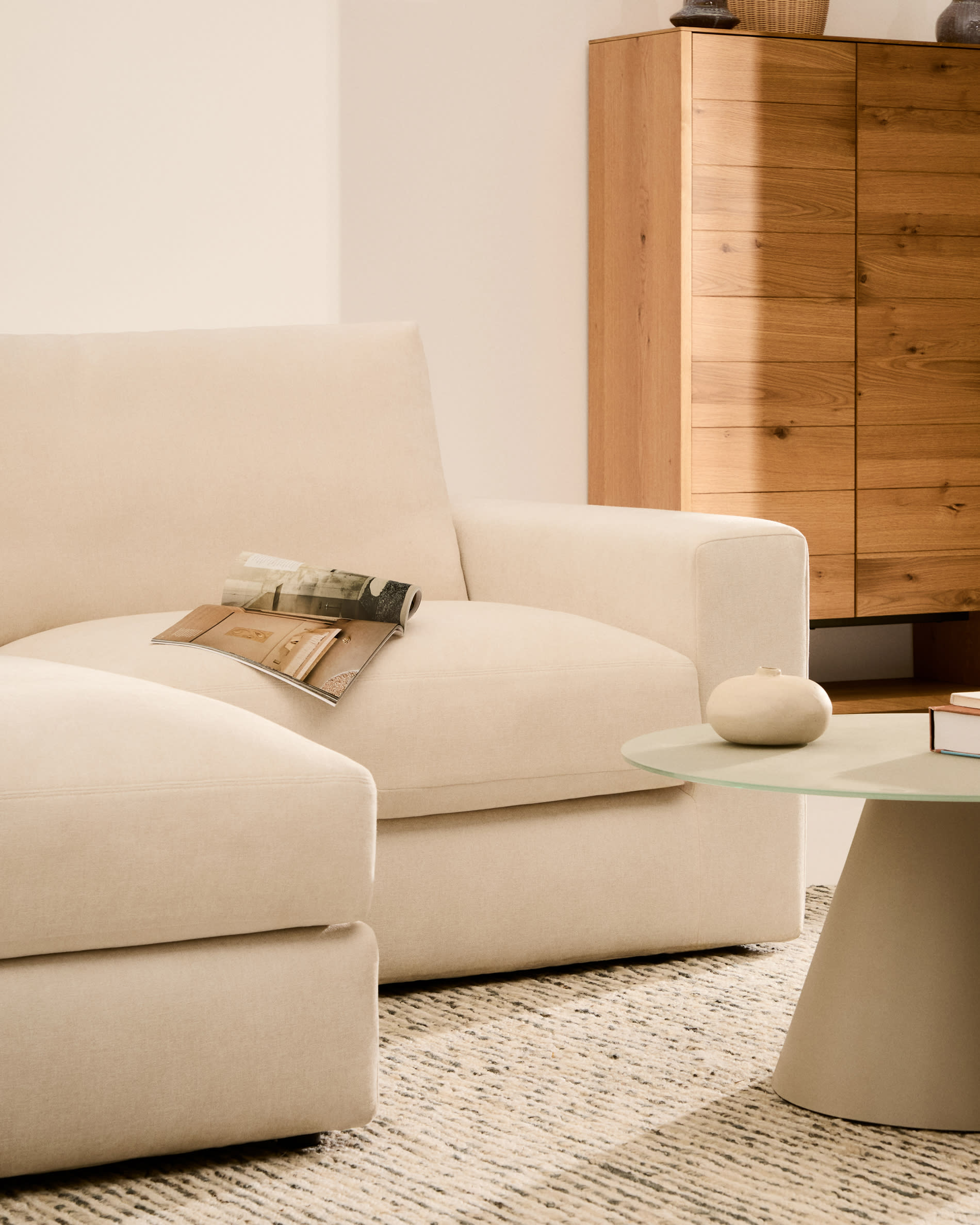 Alea ecru chenille 3-seater modular sofa with left chaise longue and removable cover 220cm