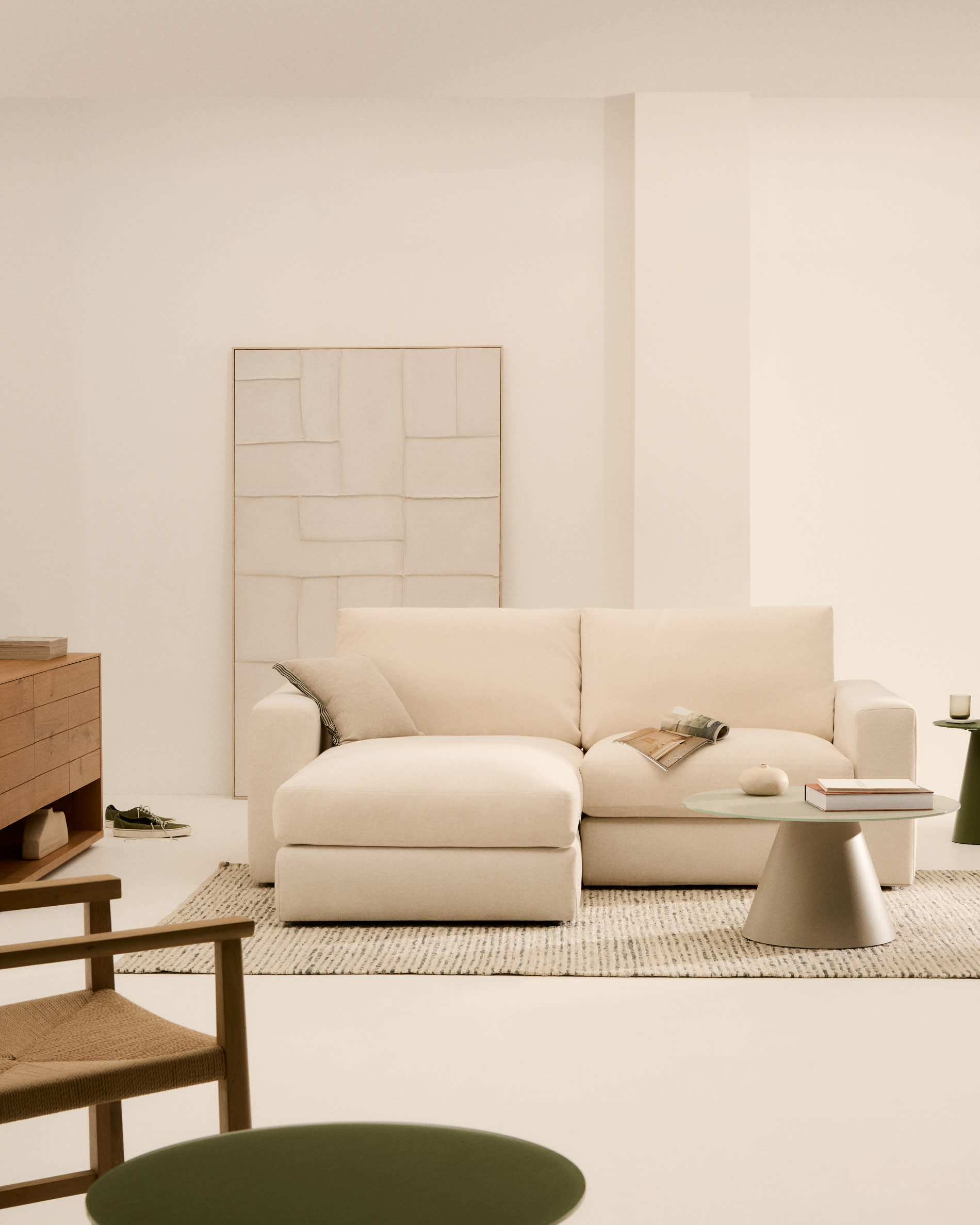 Alea ecru chenille 3-seater modular sofa with left chaise longue and removable cover 220cm