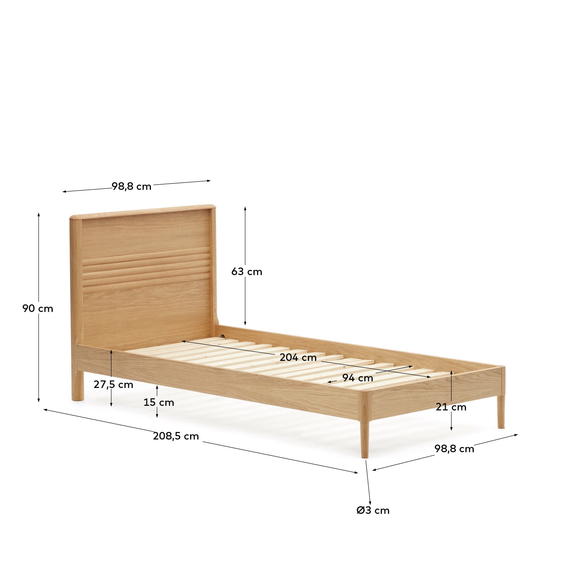 Lenon oak wood and veneer bed for 90 x 200 cm mattress, FSC MIX Credit