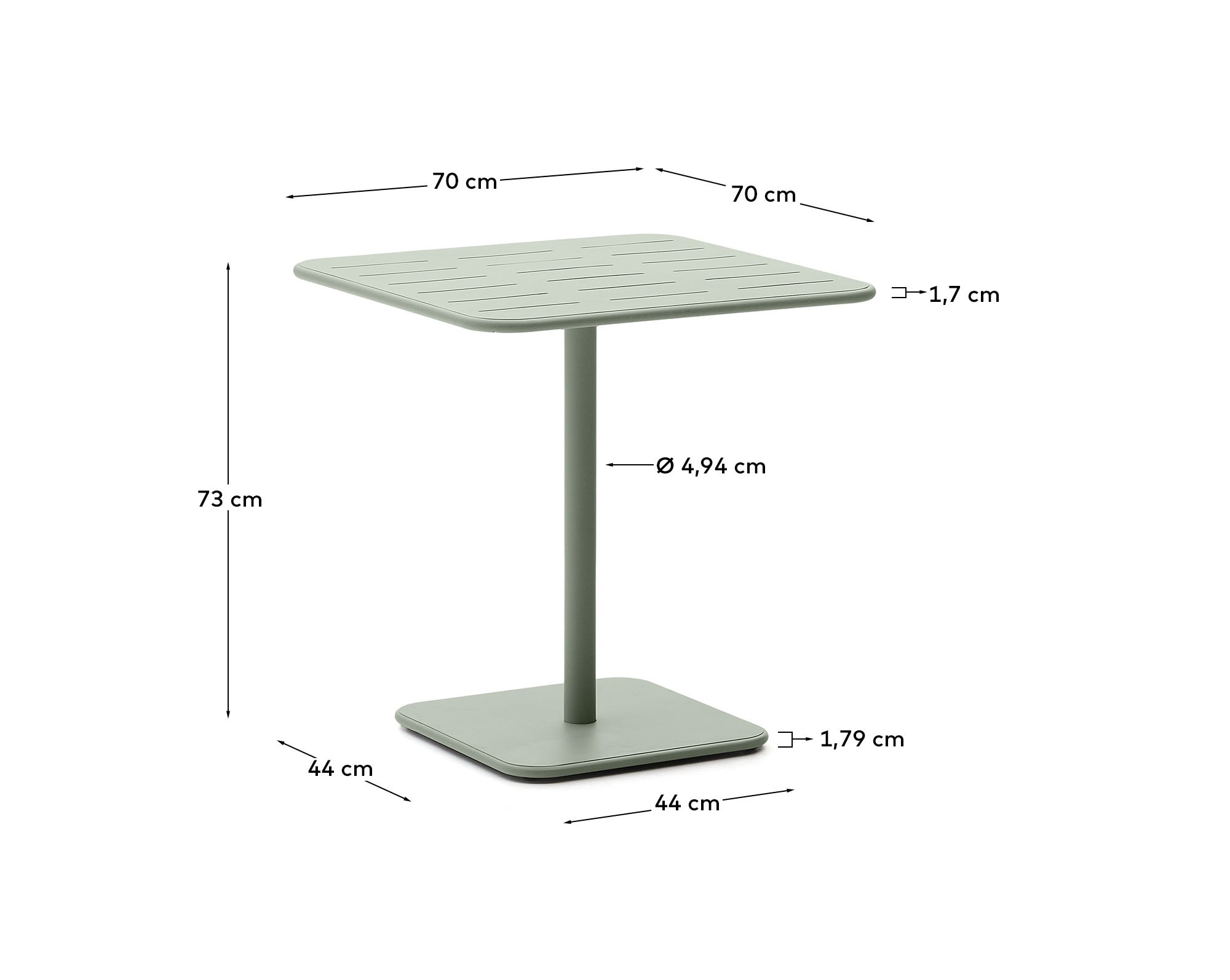 Brai outdoor table in turquoise galvanised steel 70 x 70cm
