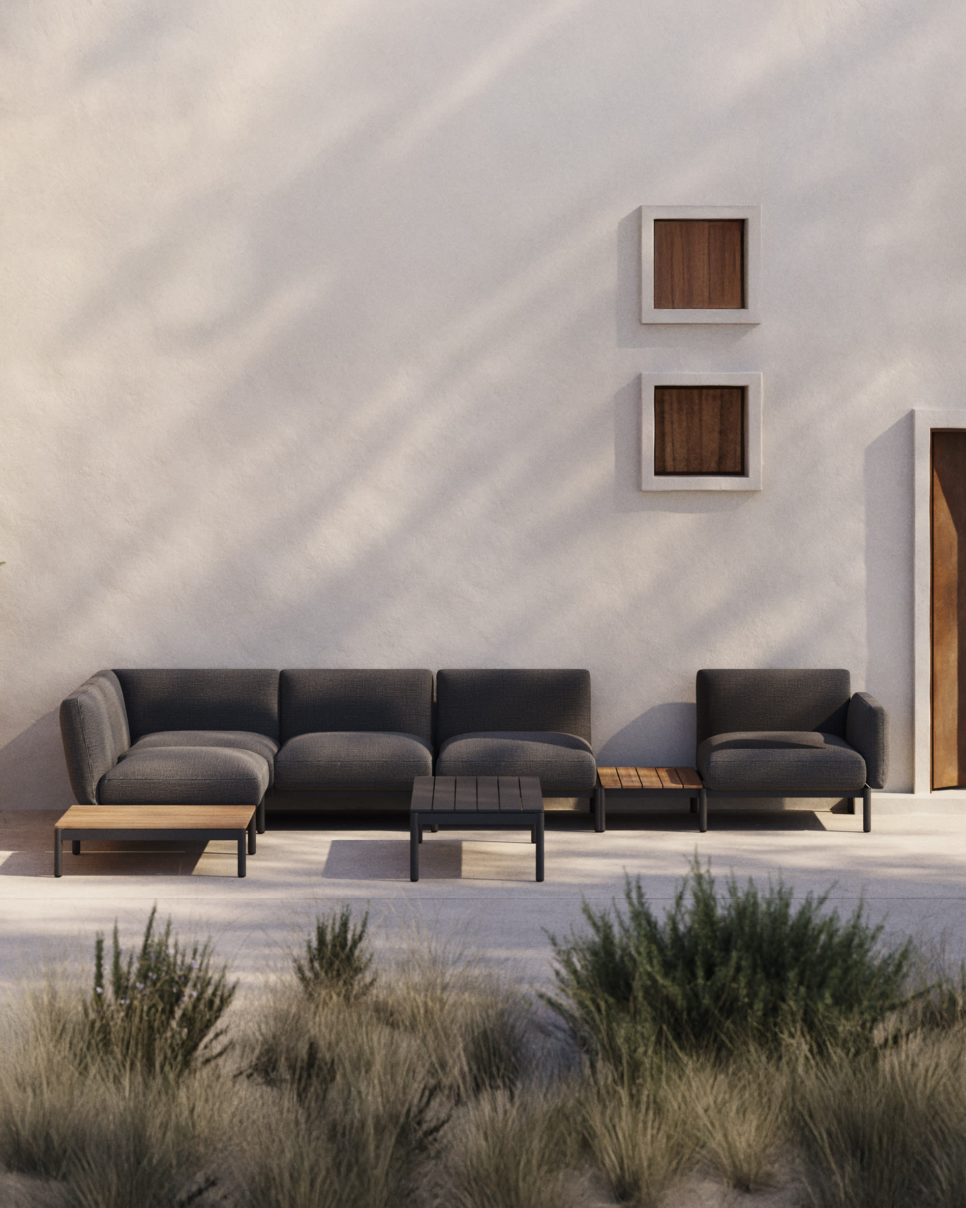 Sorells outdoor modular 5-seater corner sofa with grey upholstery and grey aluminium with teak tables 277 x 446cm FSC 100%