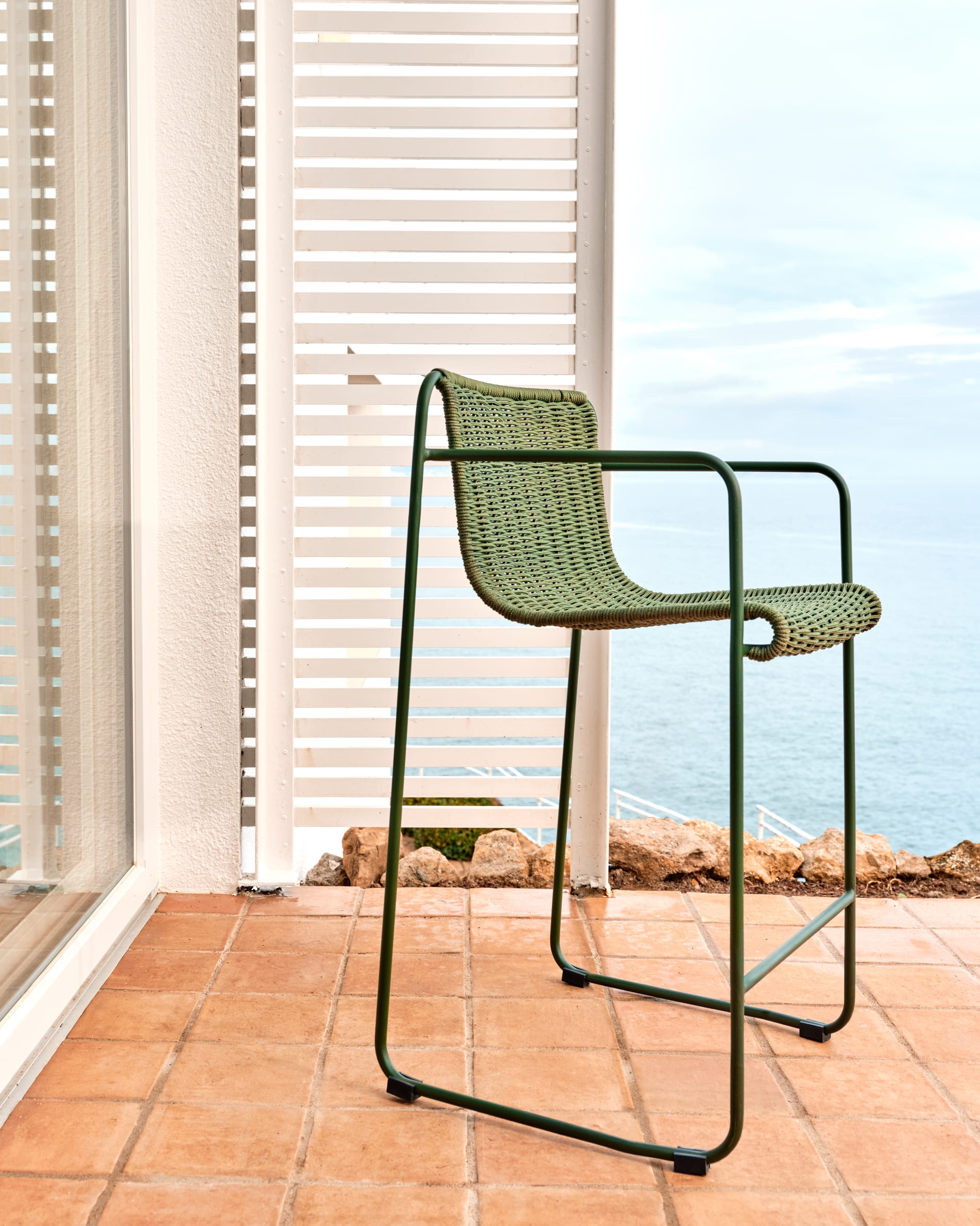 Maurina stool in green galvanised steel and green rope cord 64,5cm