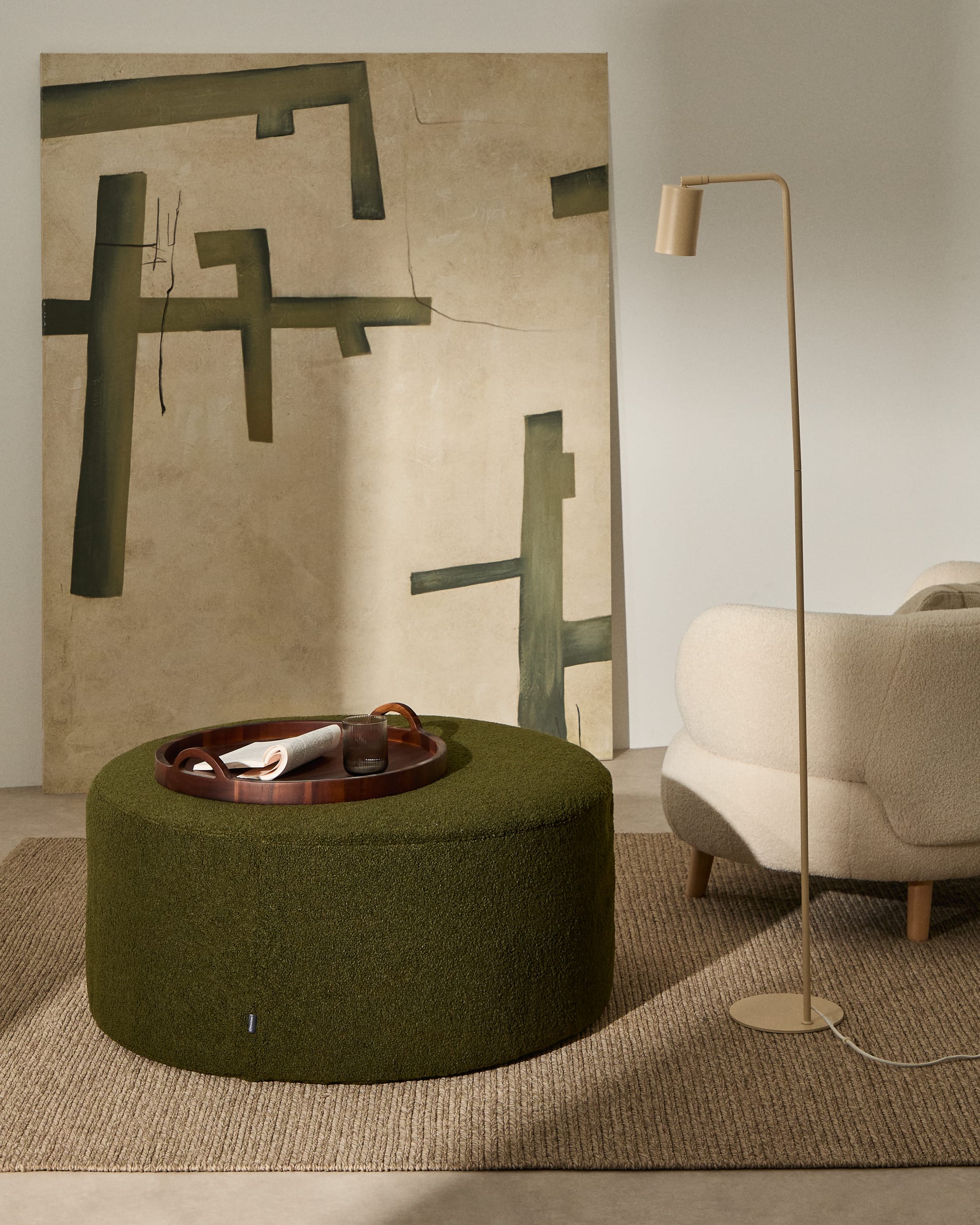 Kaeli footrest with removable cover in green bouclé Ø 90 cm
