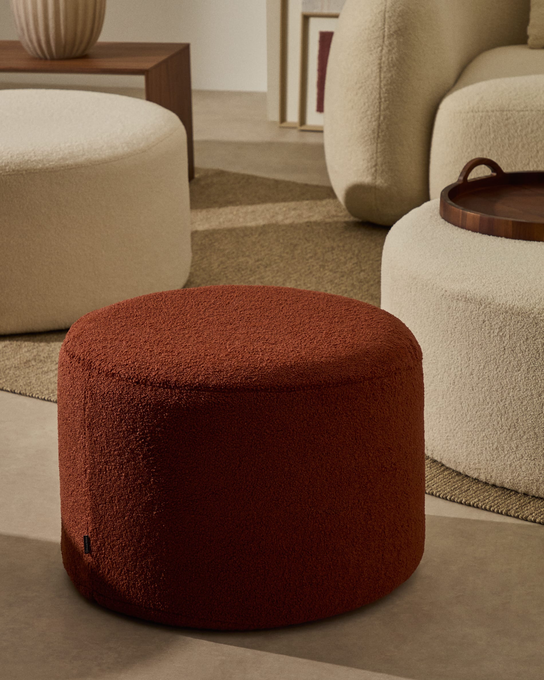 Kaeli footrest with removable cover in terracotta bouclé Ø 60 cm