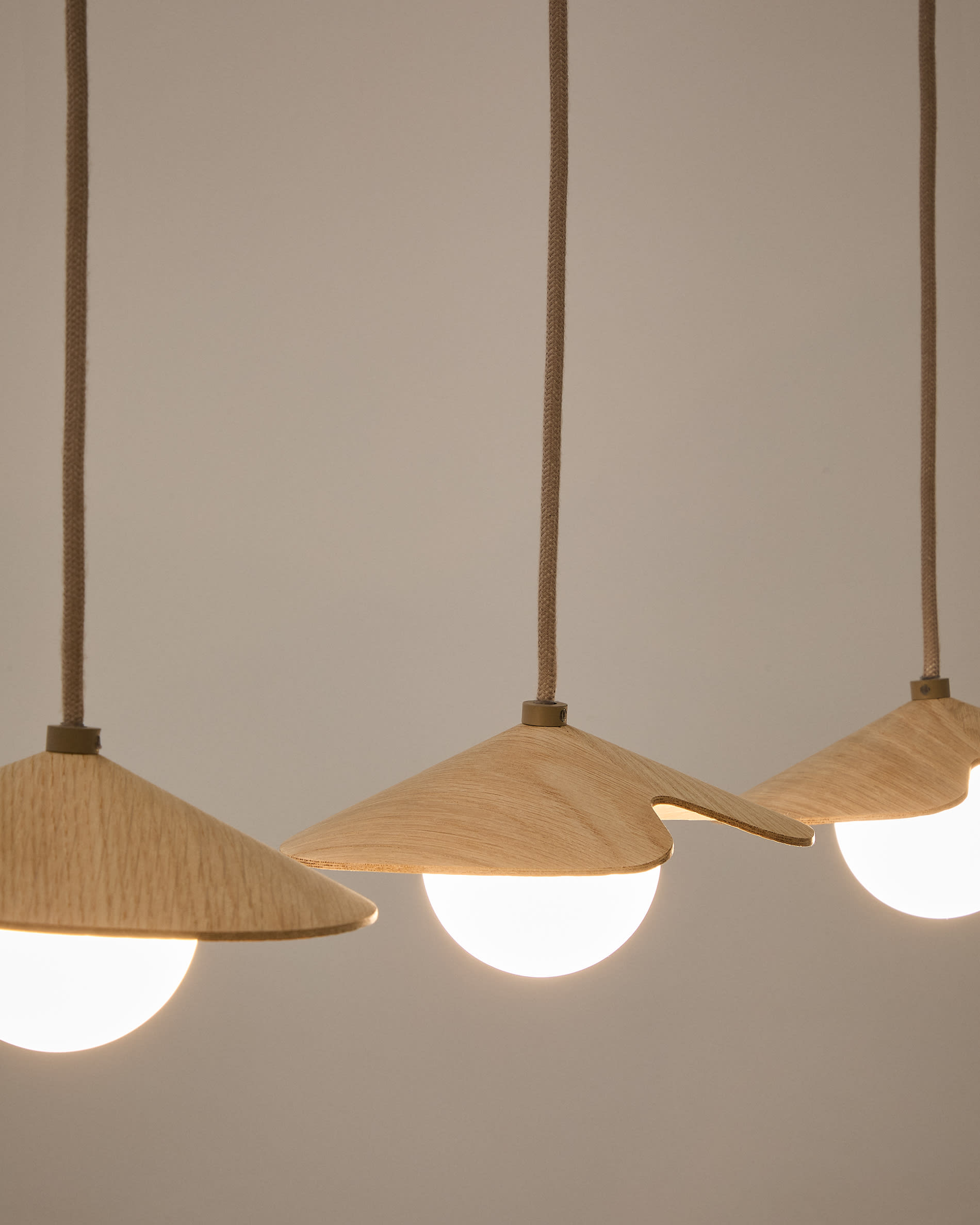 Wilara oak veneer ceiling lamp with 3 white smoked glass balls