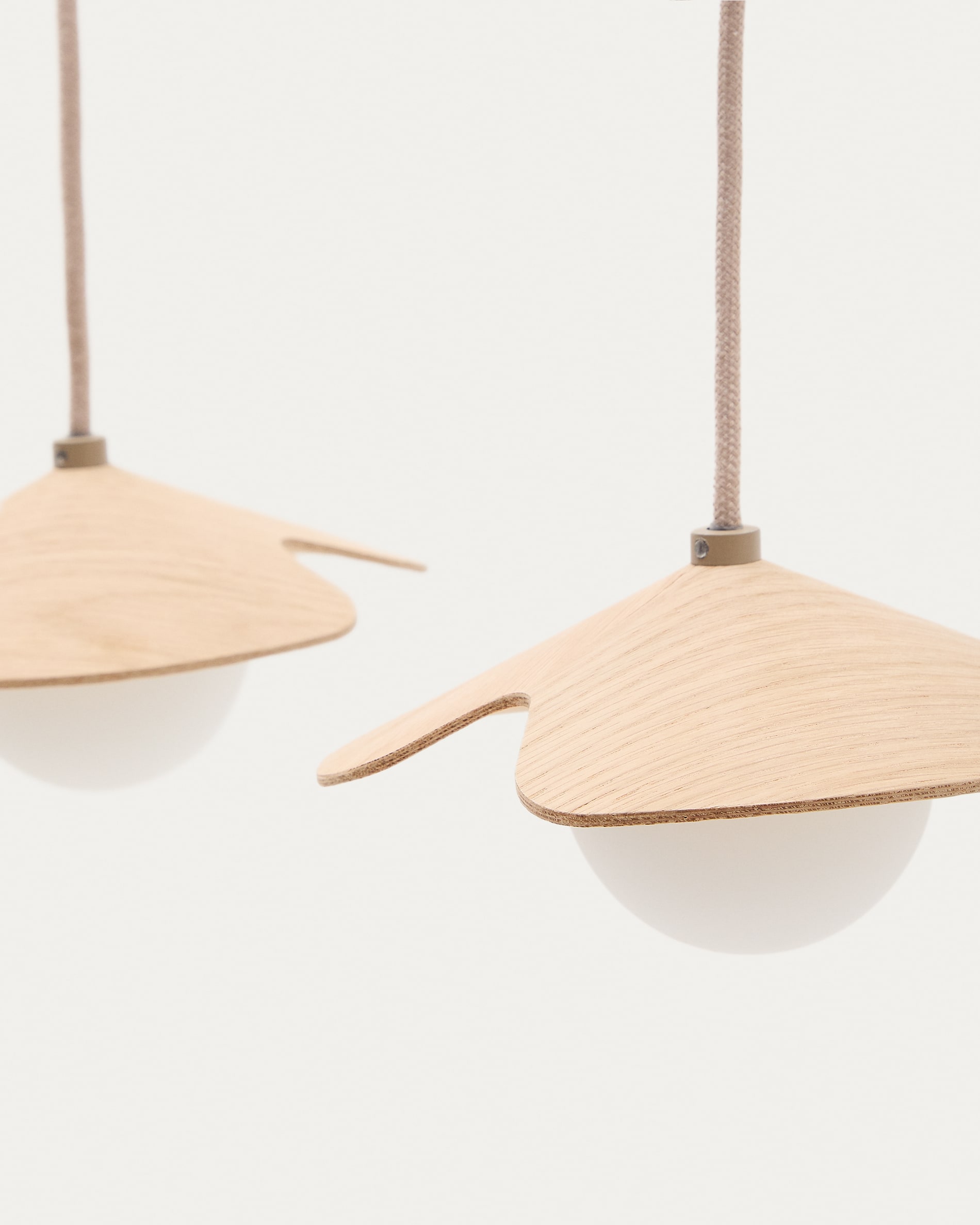 Wilara oak veneer ceiling lamp with 3 white smoked glass balls