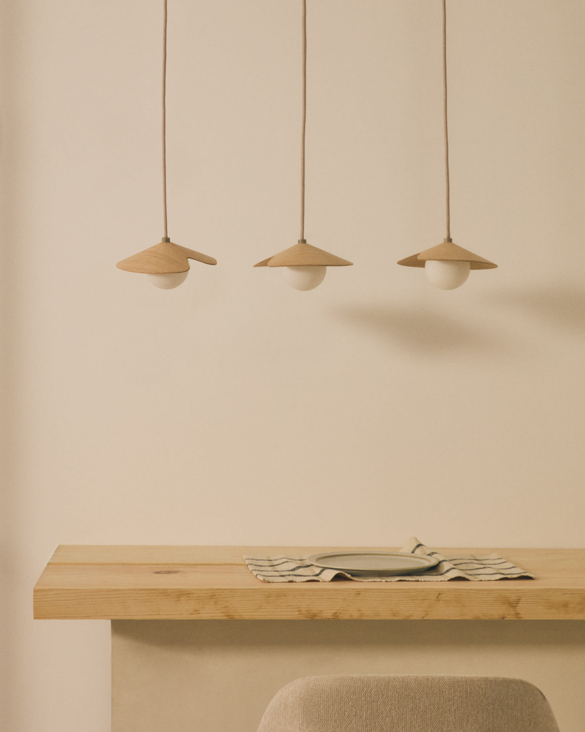 Wilara oak veneer ceiling lamp with 3 white smoked glass balls