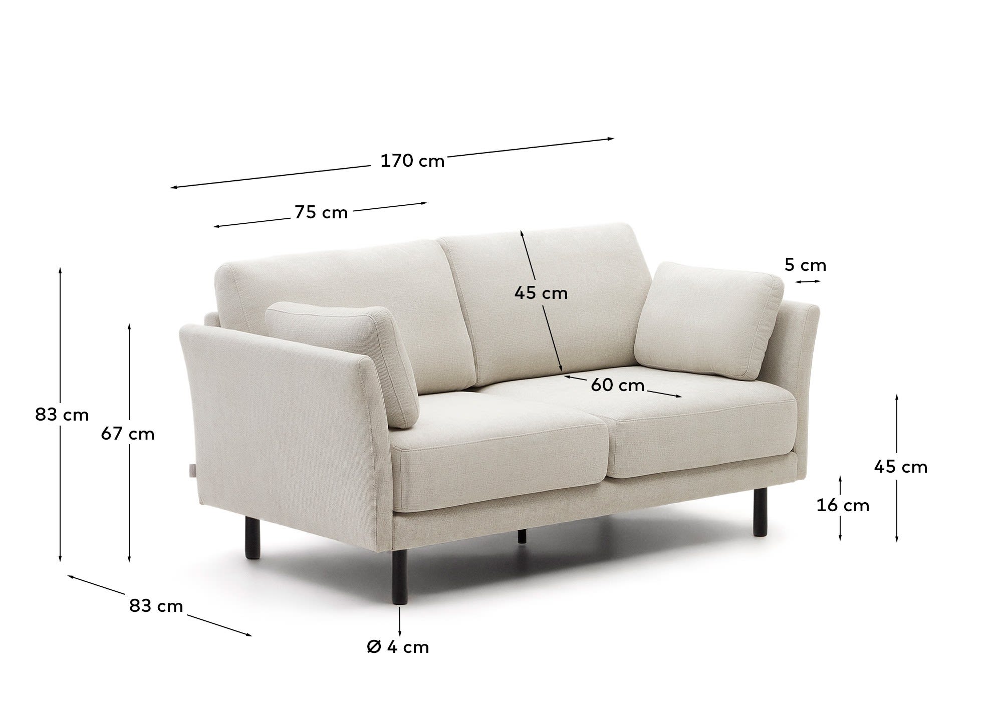 Gilma 2 seater sofa in chenille pearl with painted black finish legs, 170 cm