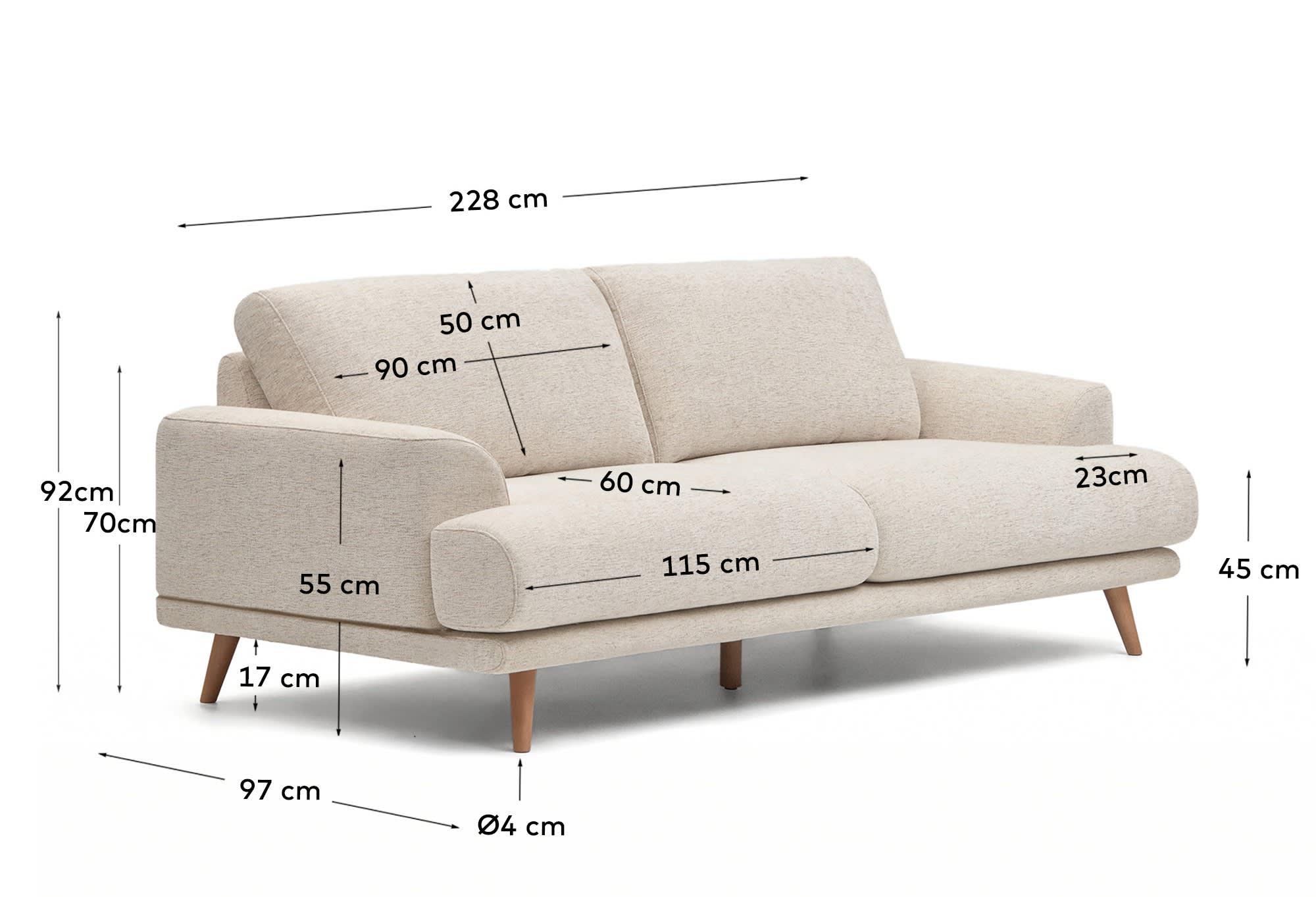 Karin 3-seater sofa in beige chenille with solid beech wood legs in natural colour finish 228 cm