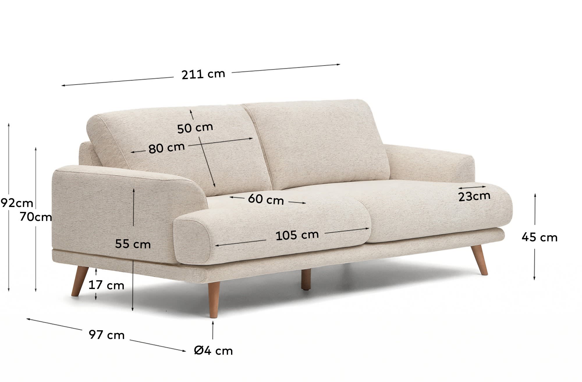Karin 2-seater sofa in beige chenille with solid beech wood legs in natural colour finish 211 cm