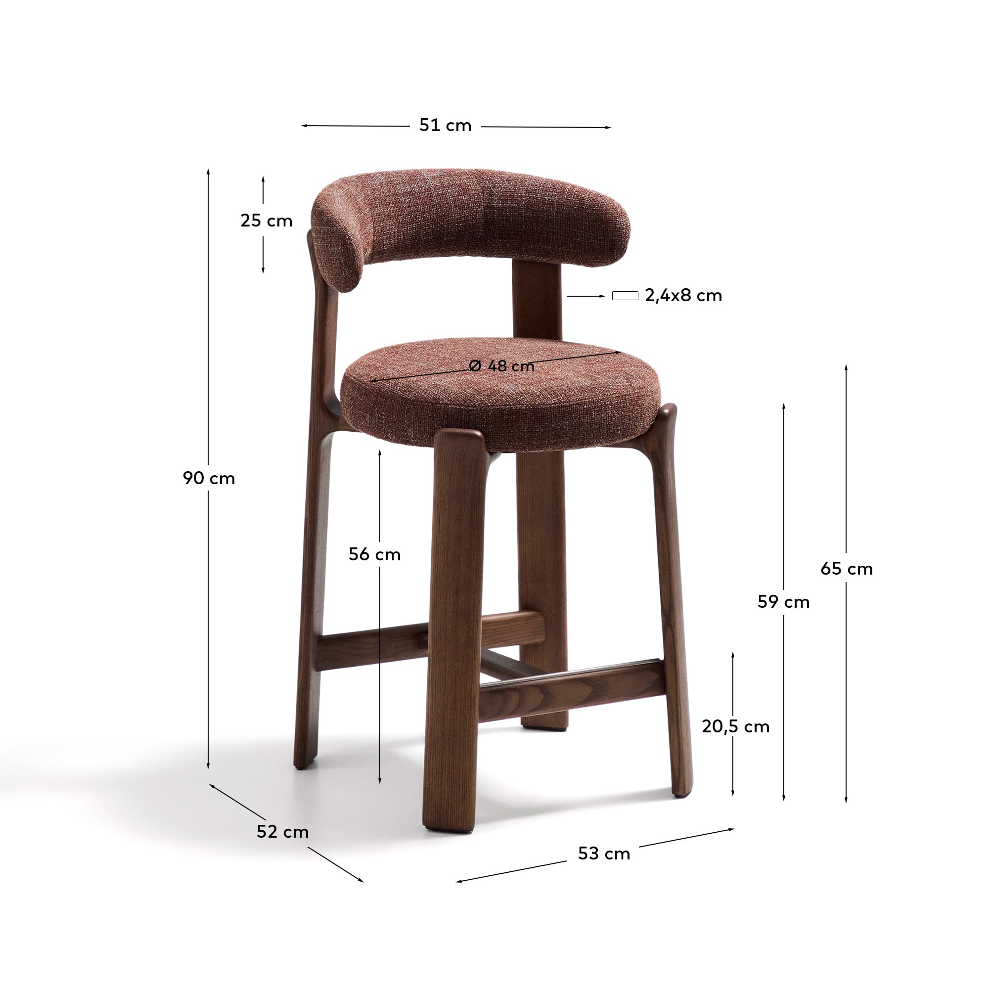 Granite fire-retardant stool with backrest in brown chenille and solid ash wood with walnut-coloured finish FSC 100% 65cm