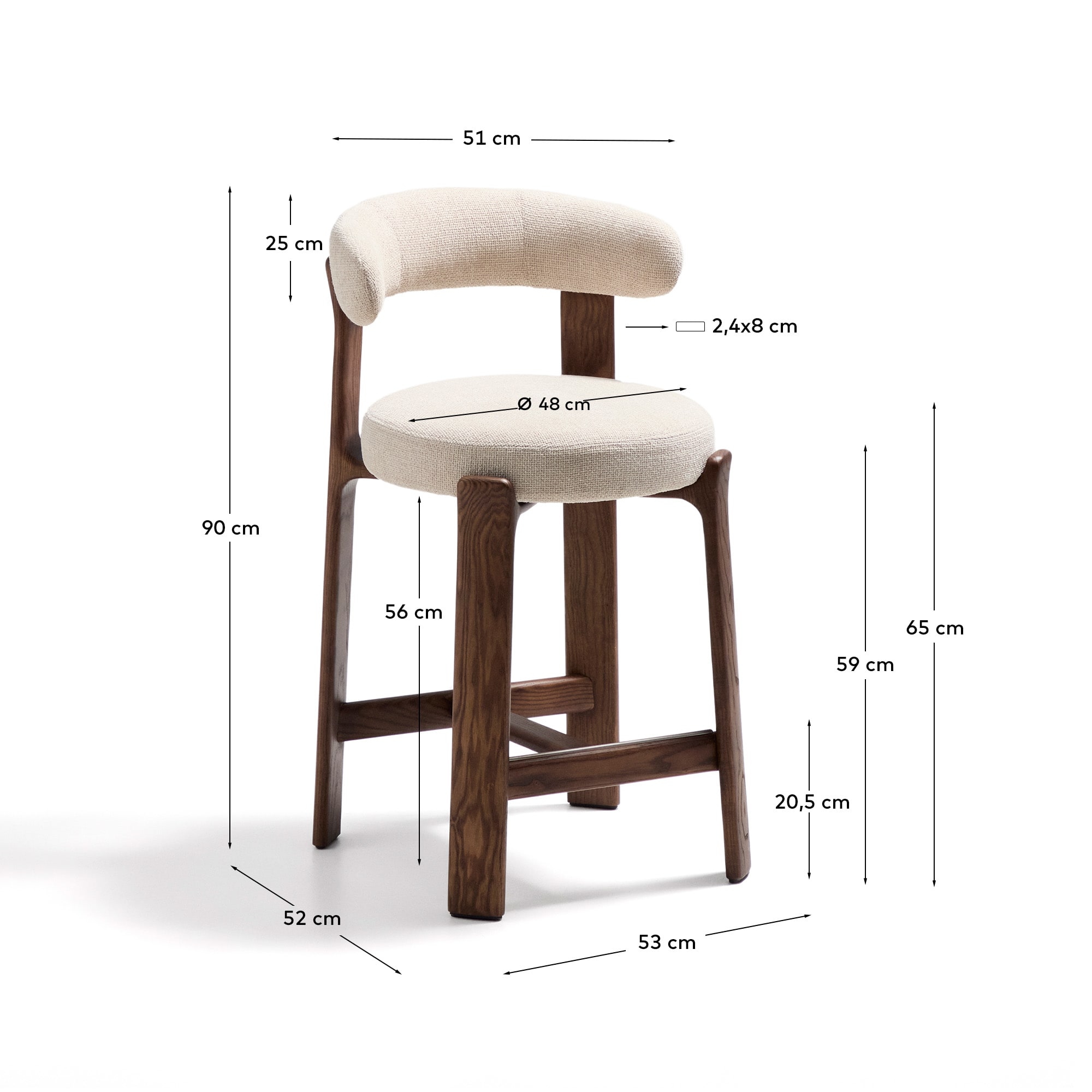Granite fire-retardant stool with backrest in beige chenille and solid ash wood with walnut-coloured finish FSC 100% 65cm