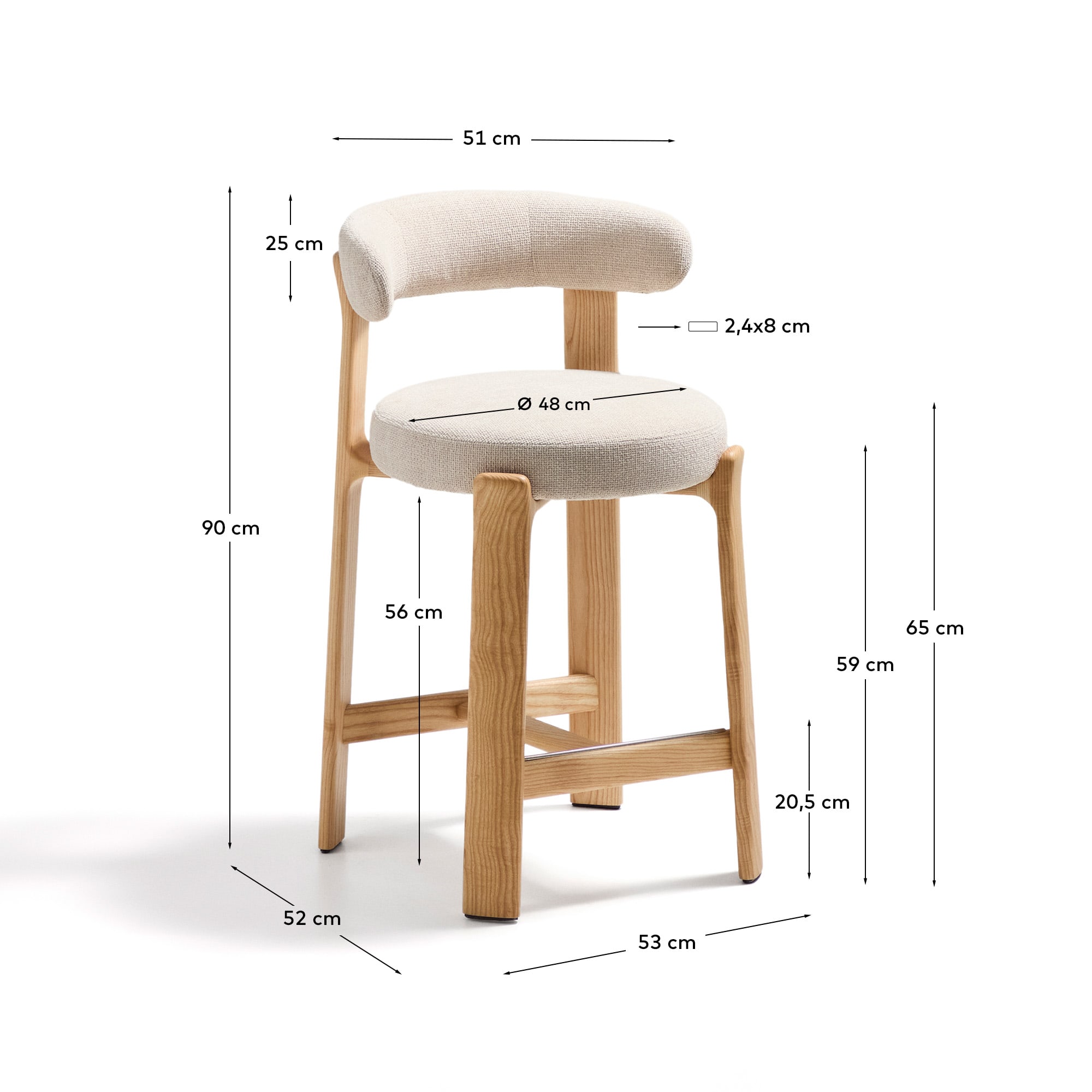 Granite fire-retardant stool with backrest in beige chenille and solid ash wood with natural-coloured finish FSC 100% 65cm