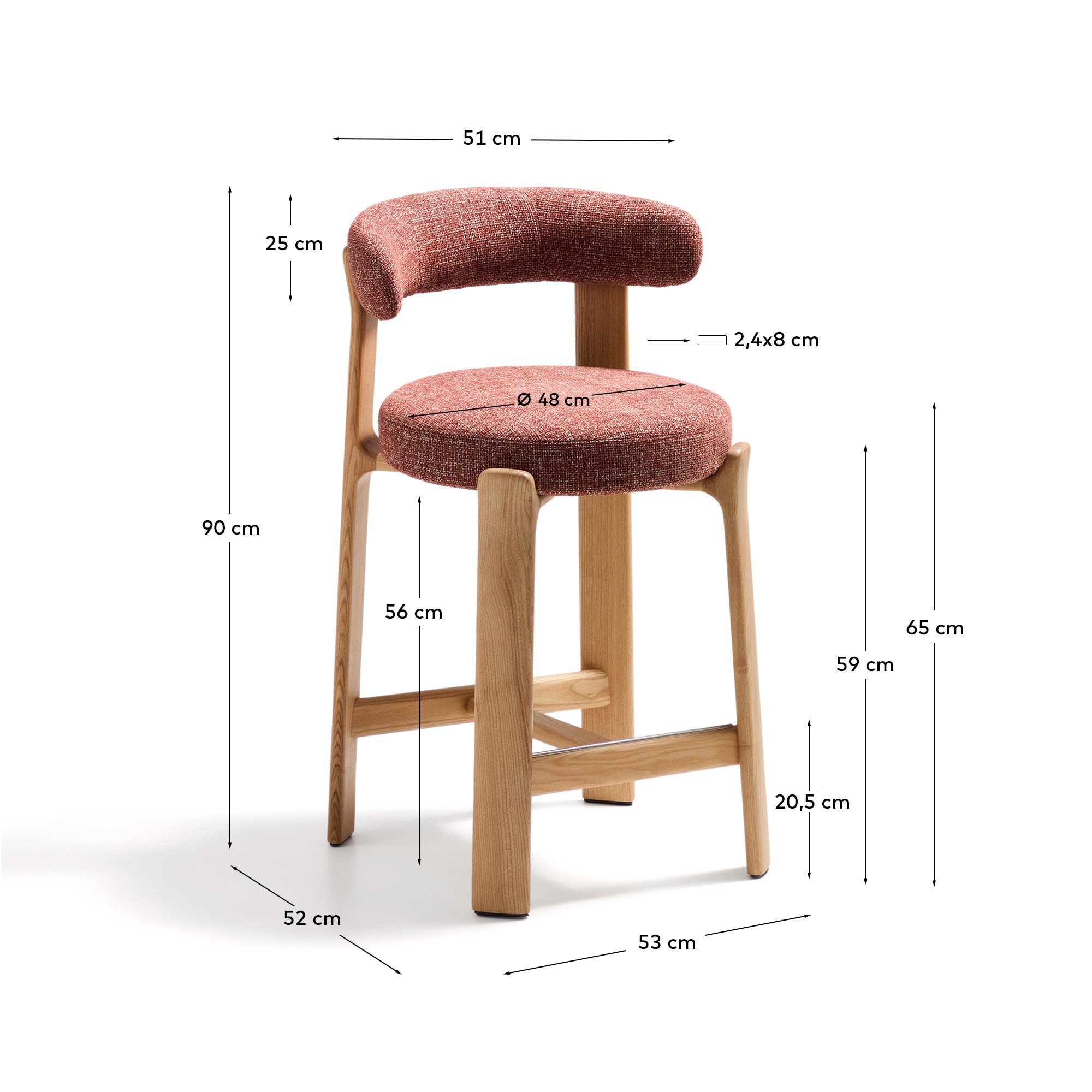 Granite fire-retardant stool with backrest in terracotta chenille and solid ash wood with natural-coloured finish FSC 100% 65cm