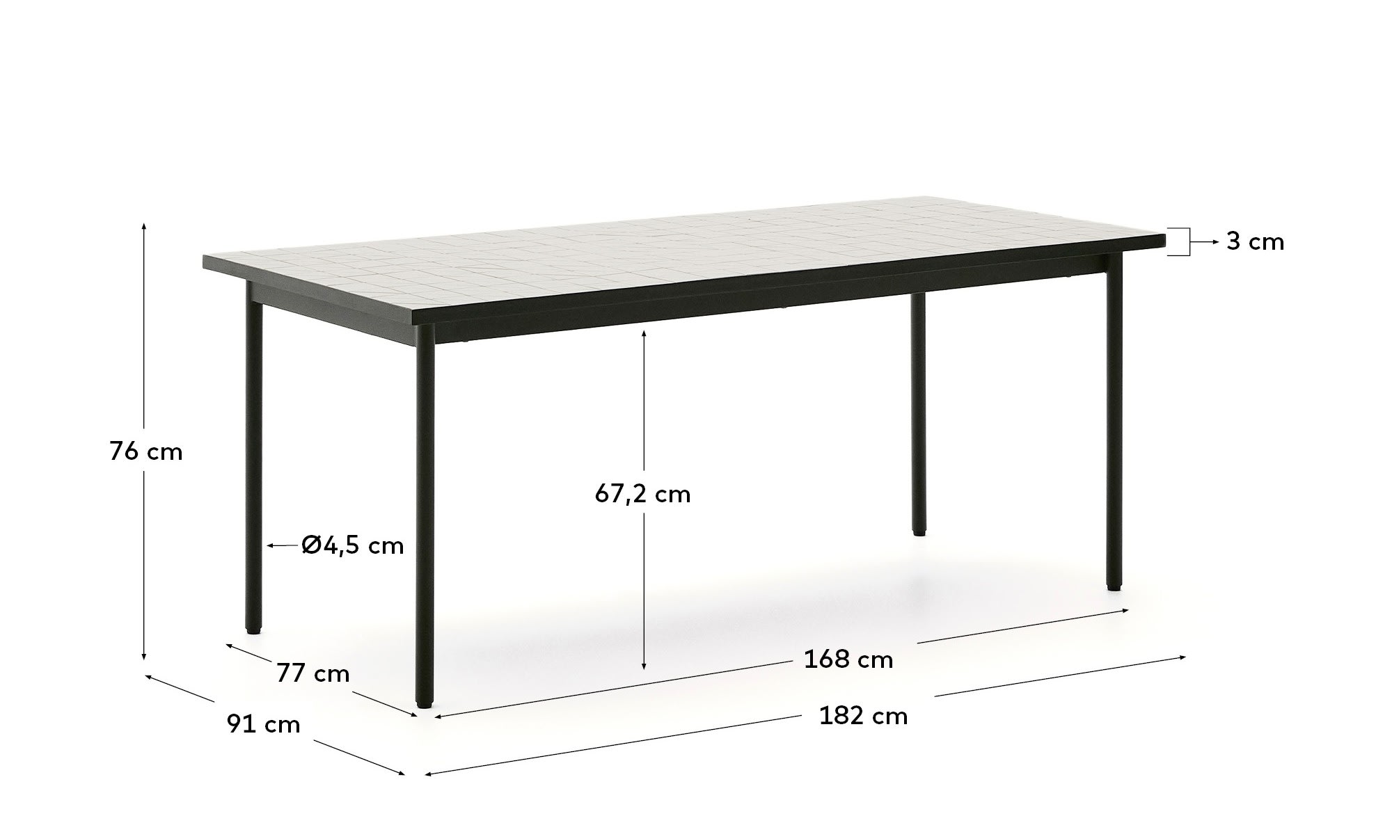Maurina outdoor table in green galvanised steel with ecru-colored tiles 182 x 91cm