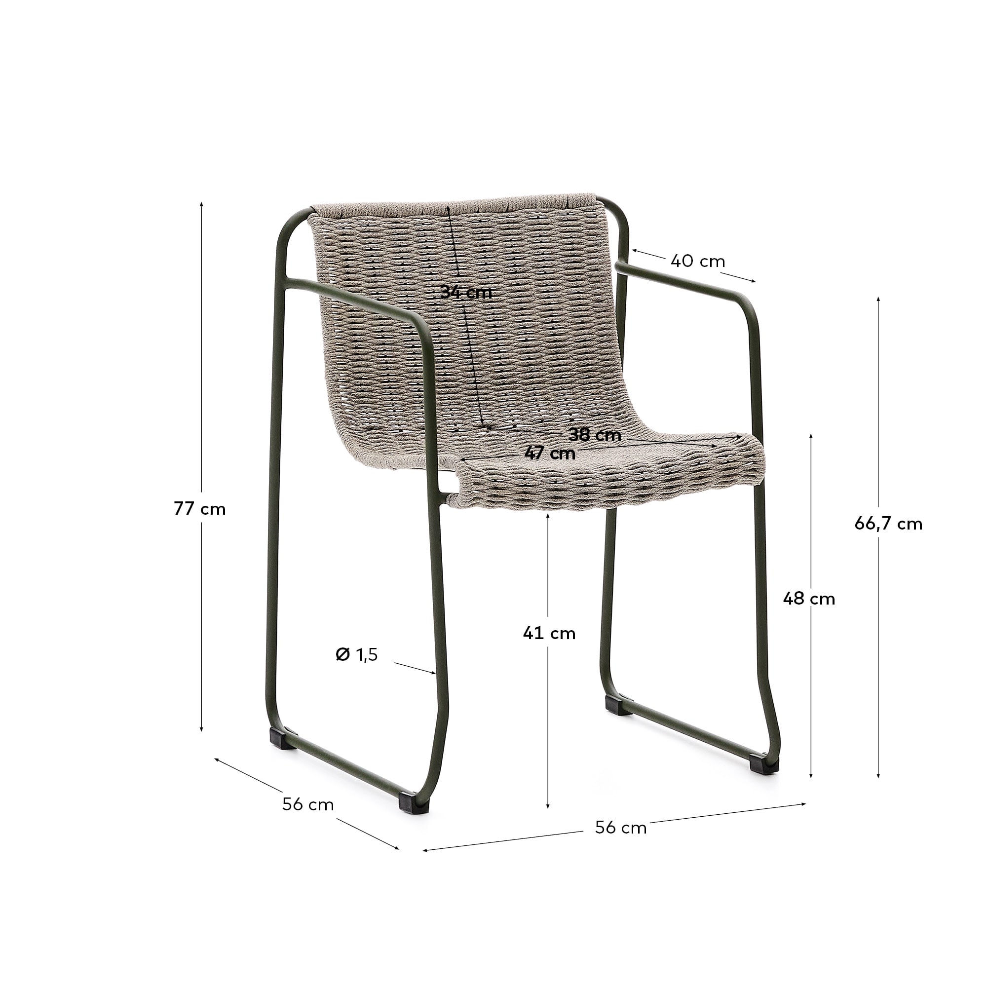 Maurina stackable chair in green galvanised steel and ecru and grey rope cord