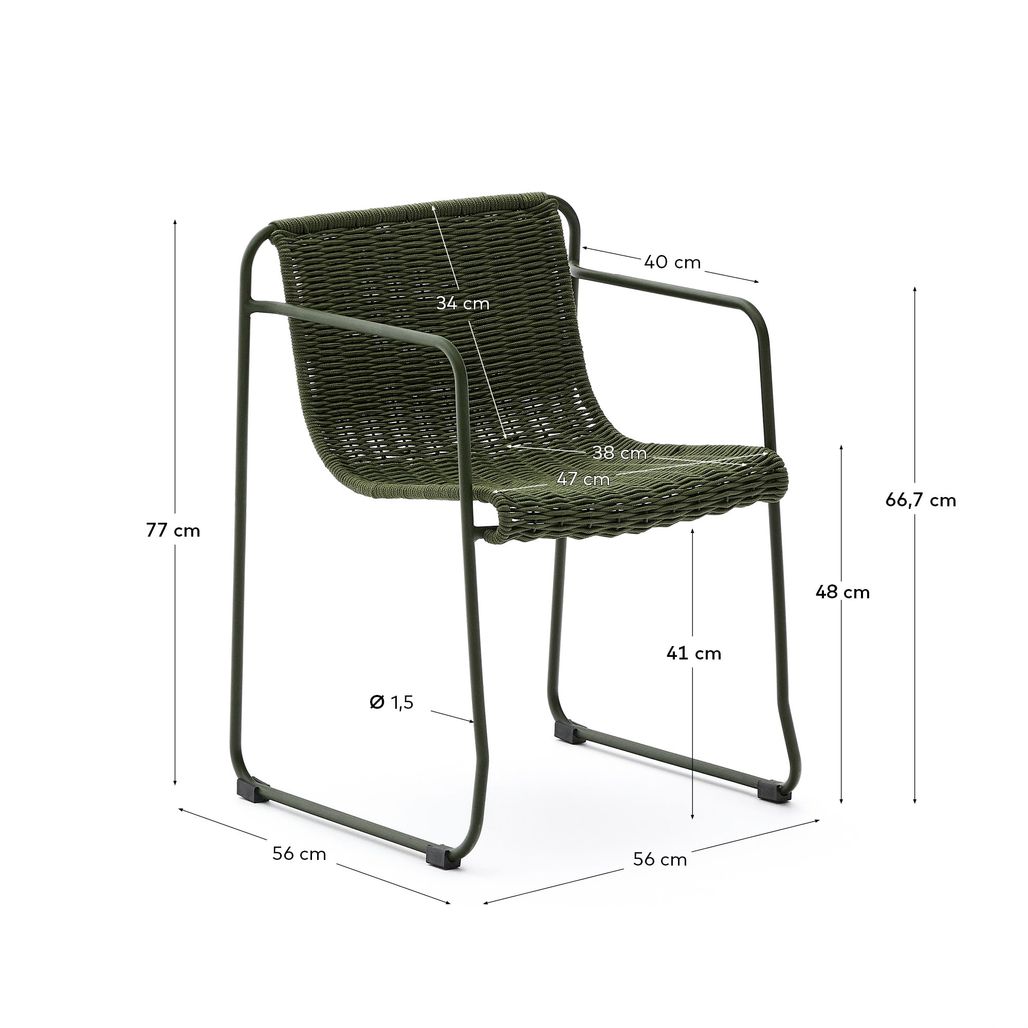 Maurina stackable chair in green galvanised steel and green rope cord