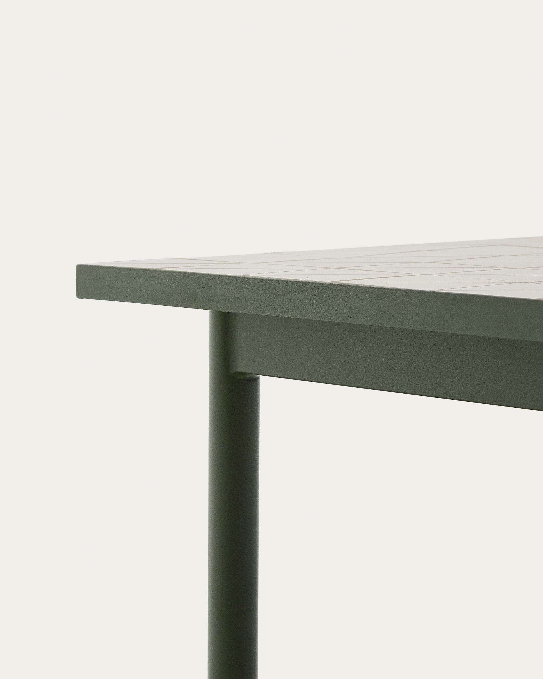 Maurina outdoor table in green galvanised steel with ecru-colored tiles 223 x 101cm