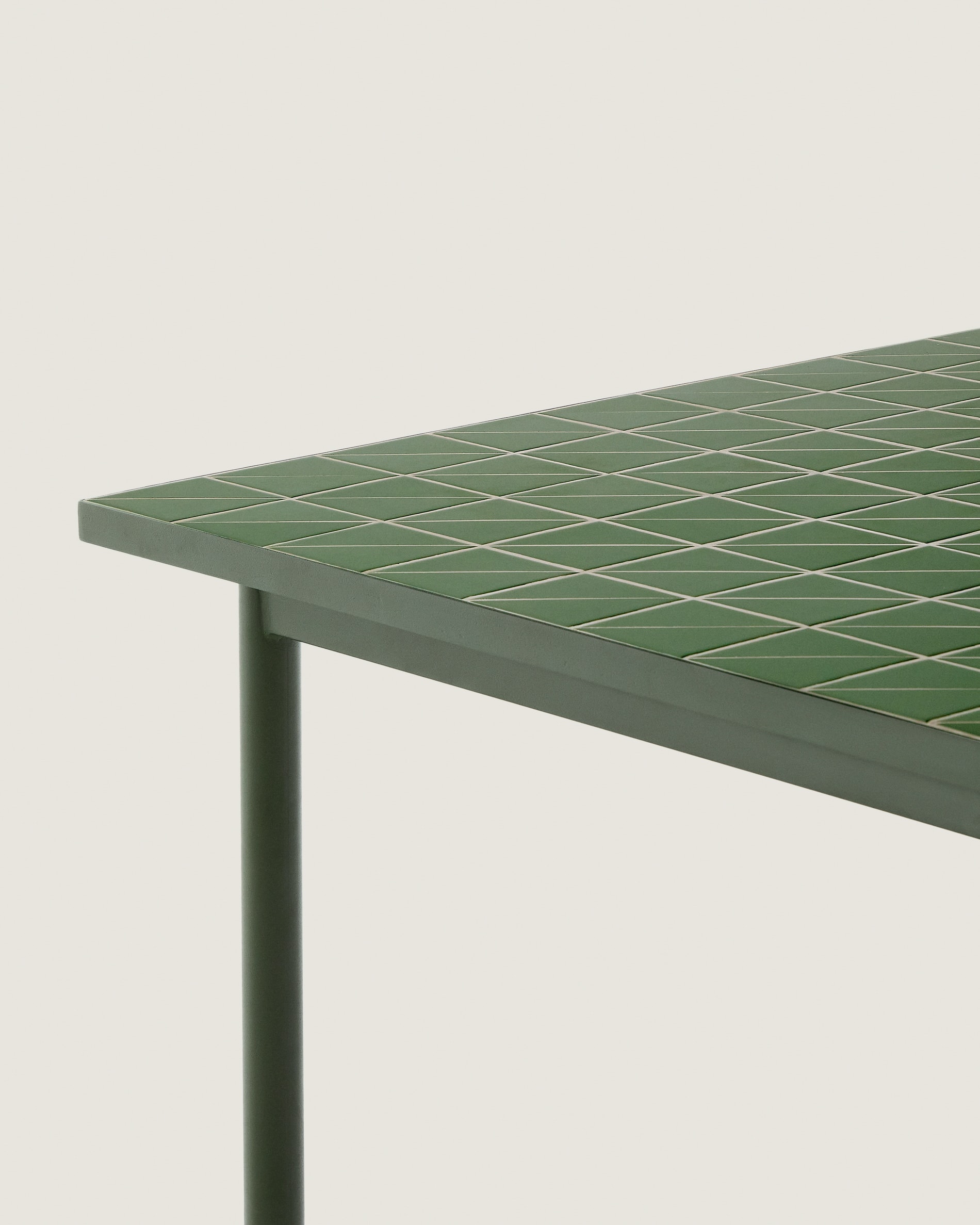 Maurina outdoor table in green galvanised steel with green tiles 182 x 91cm