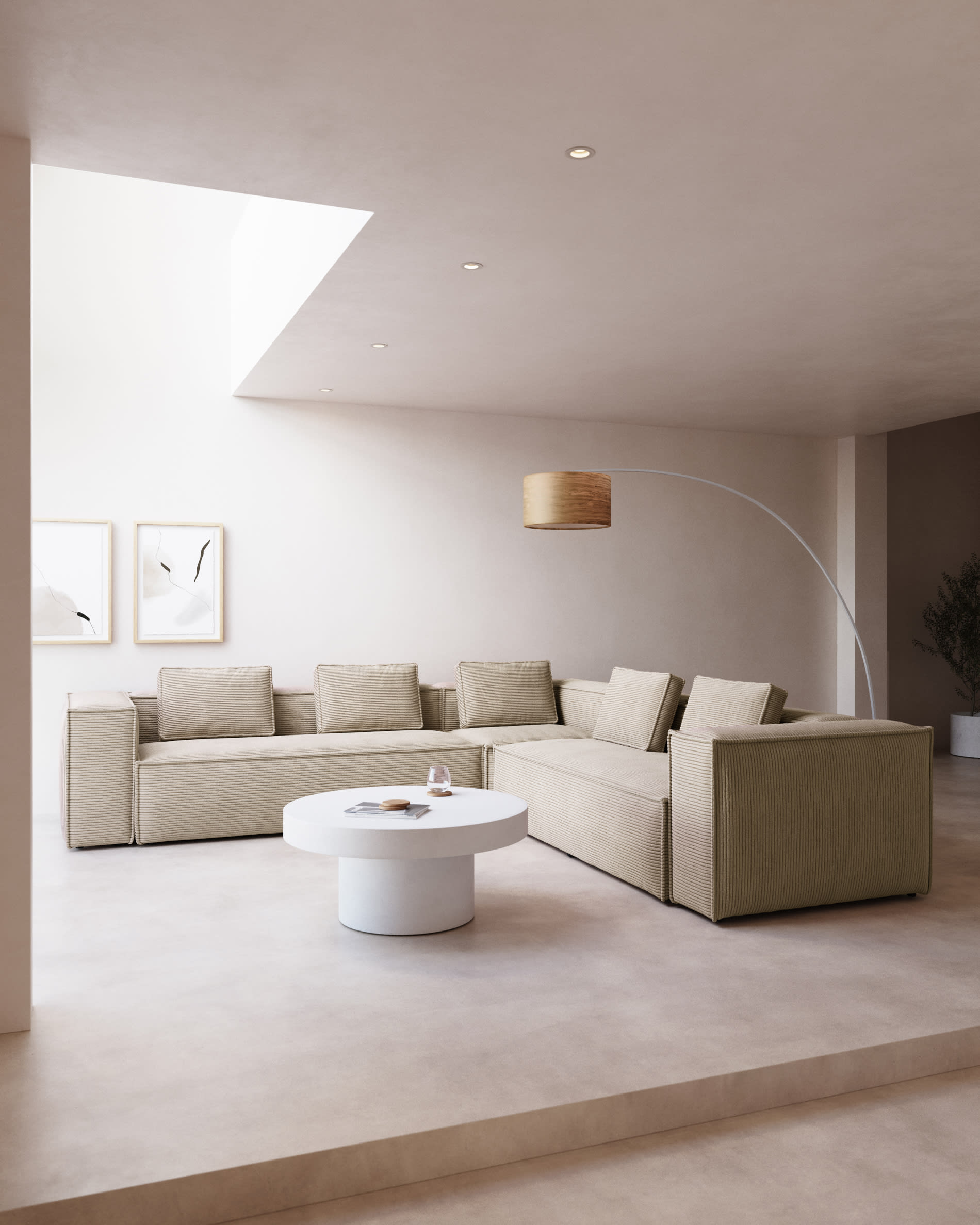 Blok fire-retardant 6-seater corner sofa in thick ecru corduroy 320x320cm FSC Mix Credit FR