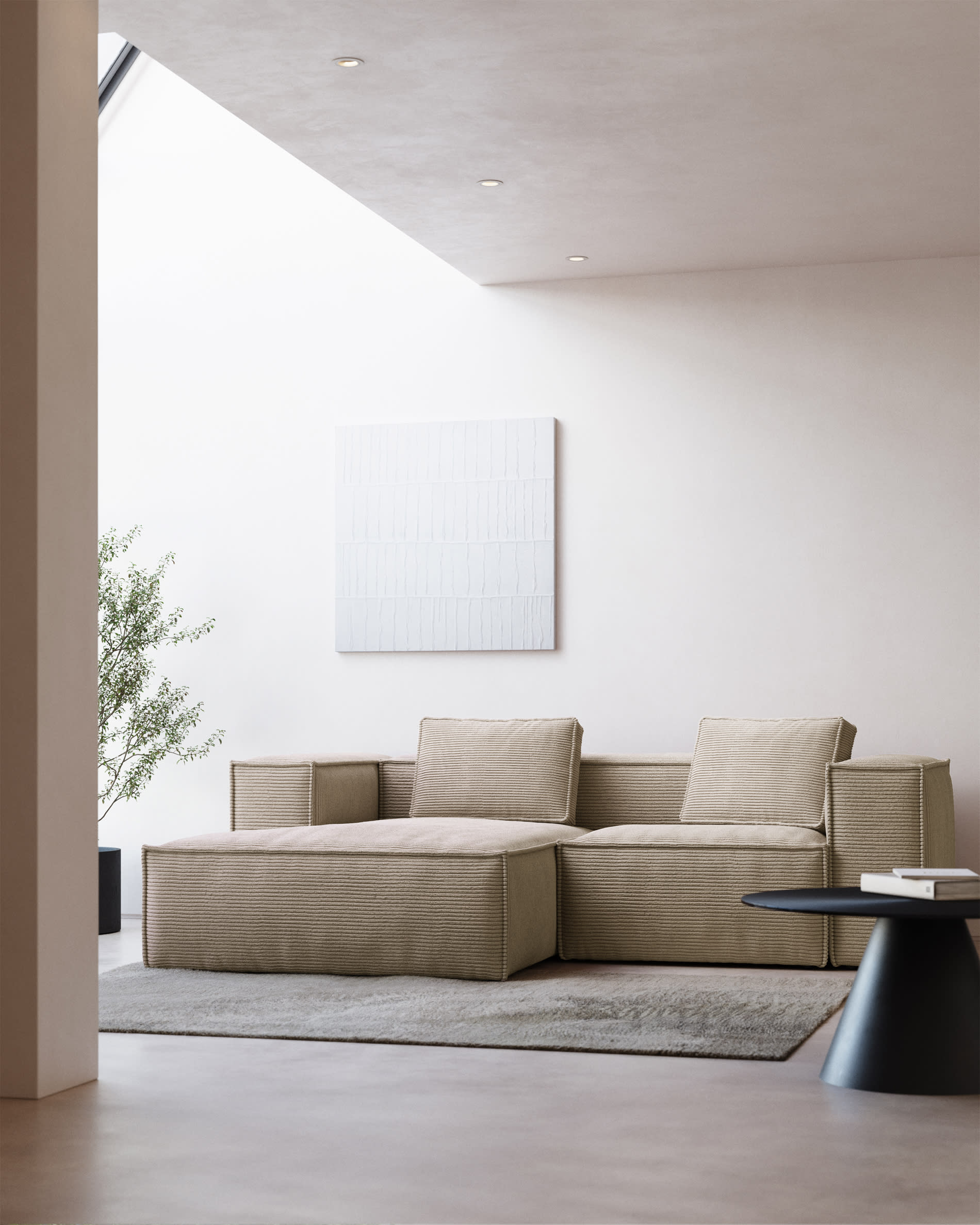 Blok fire-retardant 2-seater sofa with left chaise longue in thick ecru corduroy 240cm FSC Mix Credit