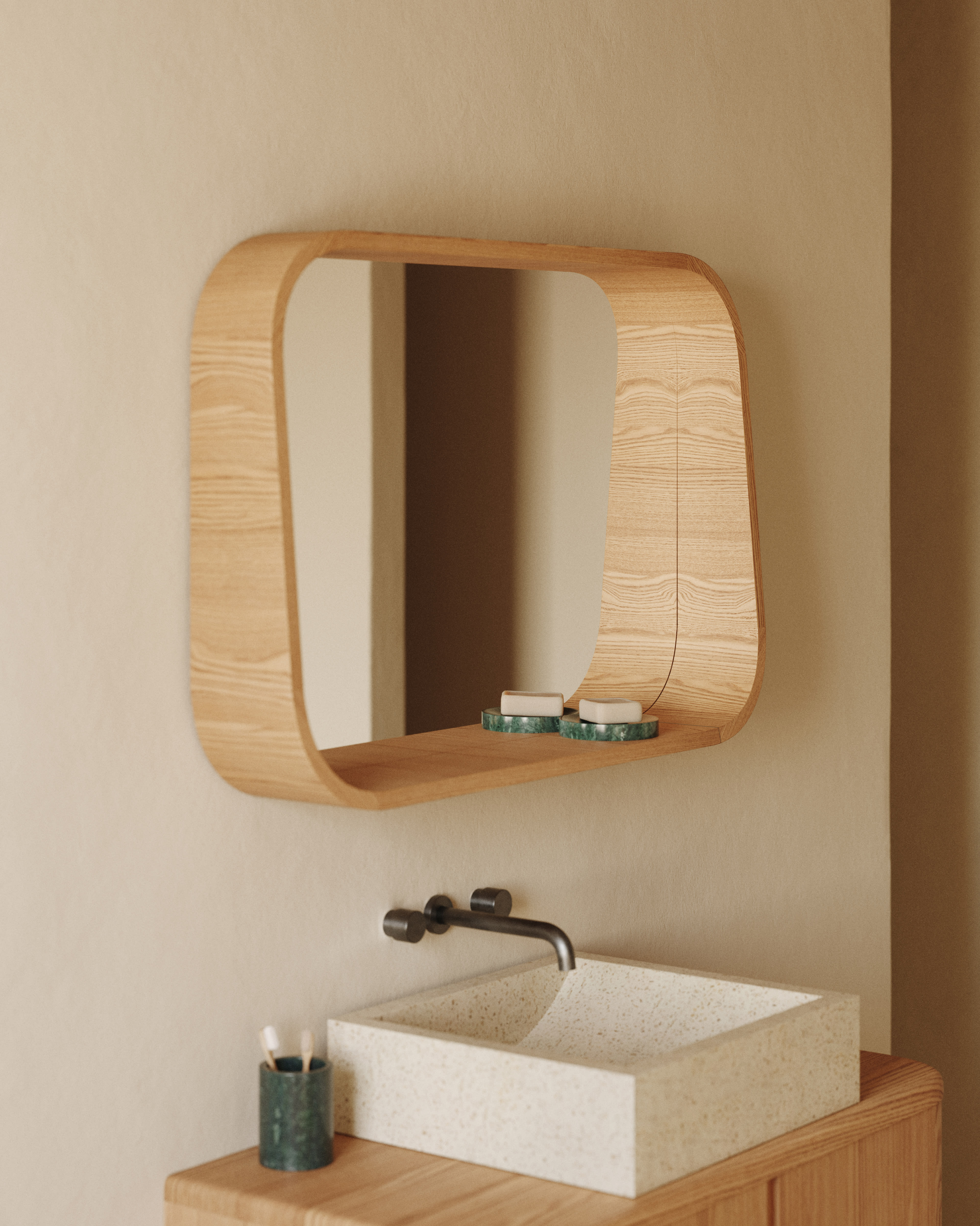 Salaya ash laminated plywood framed mirror in a natural finish, 90 x 60 cm