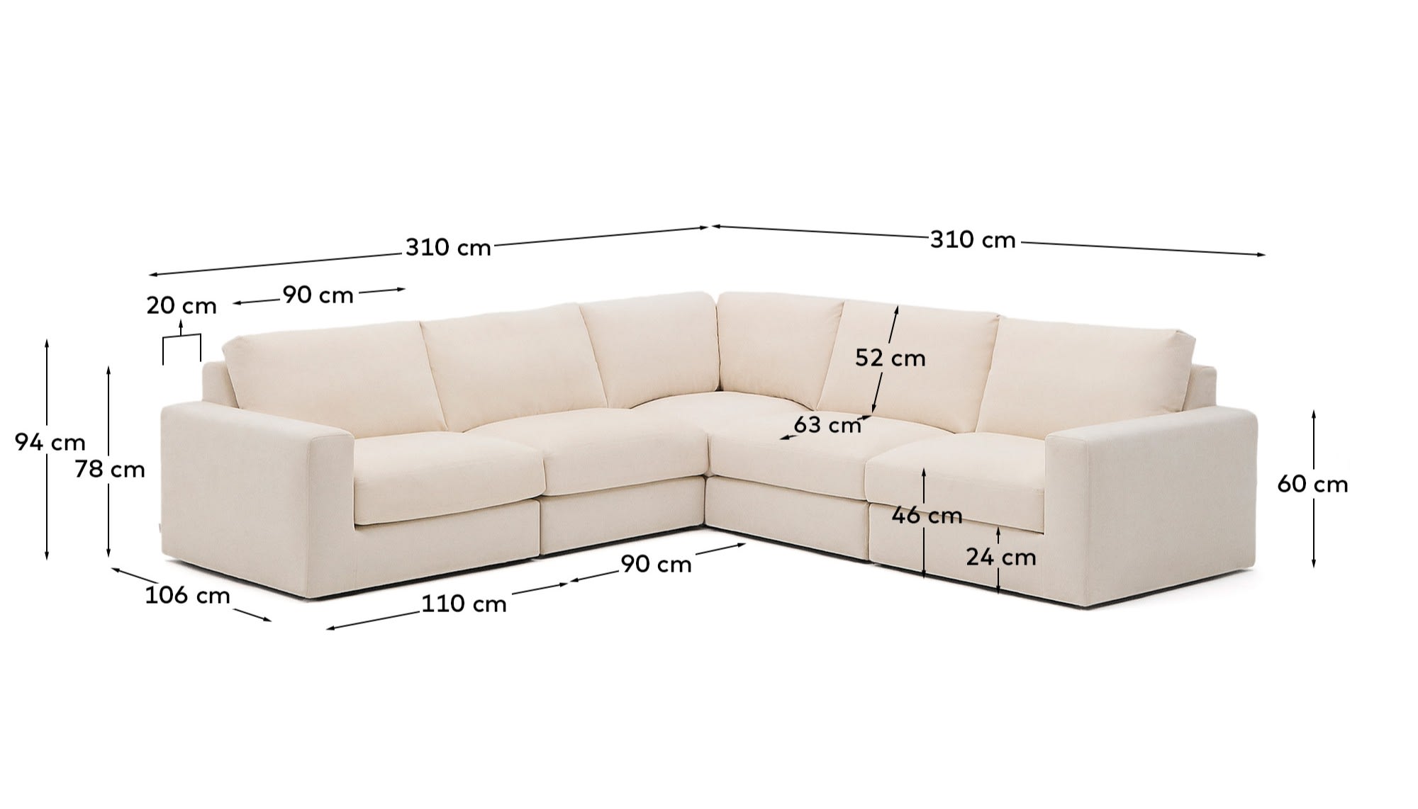 Alea 5-seater modular corner sofa with removable cover in ecru chenille 310 x 310cm