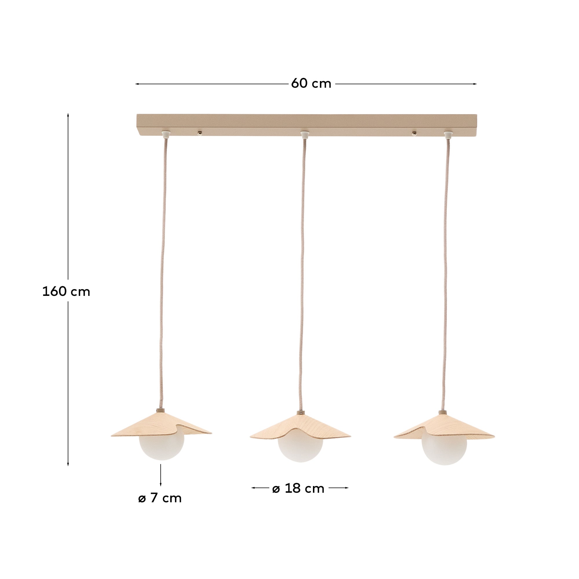 Wilara oak veneer ceiling lamp with 3 white smoked glass balls
