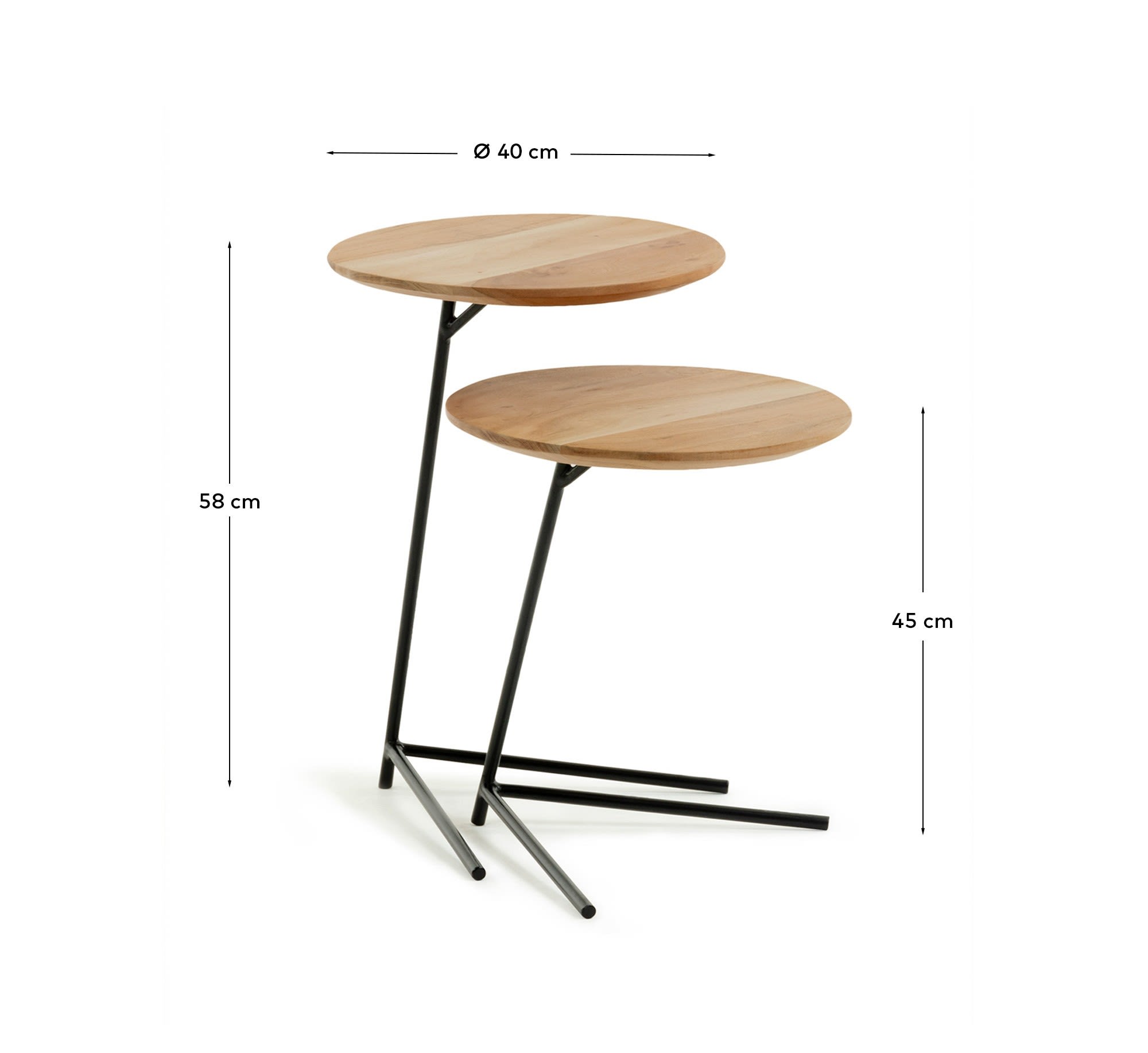 Vintara set of 2 nesting side tables in solid acacia wood with bleached finish and black steel legs Ø40cm