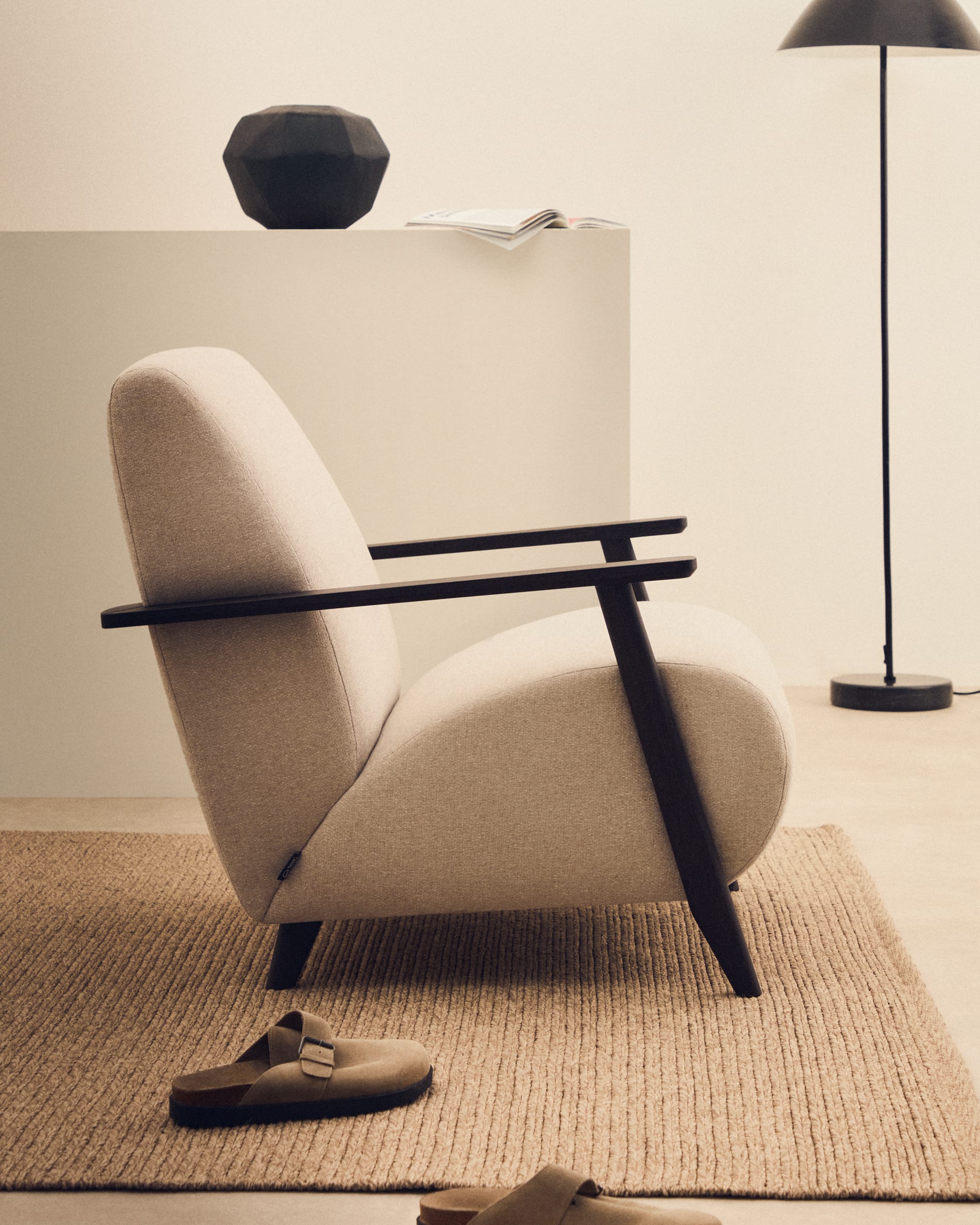 Meghan armchair in pearl chenille and with solid beech wood in a wenge finish FSC Mix Credit