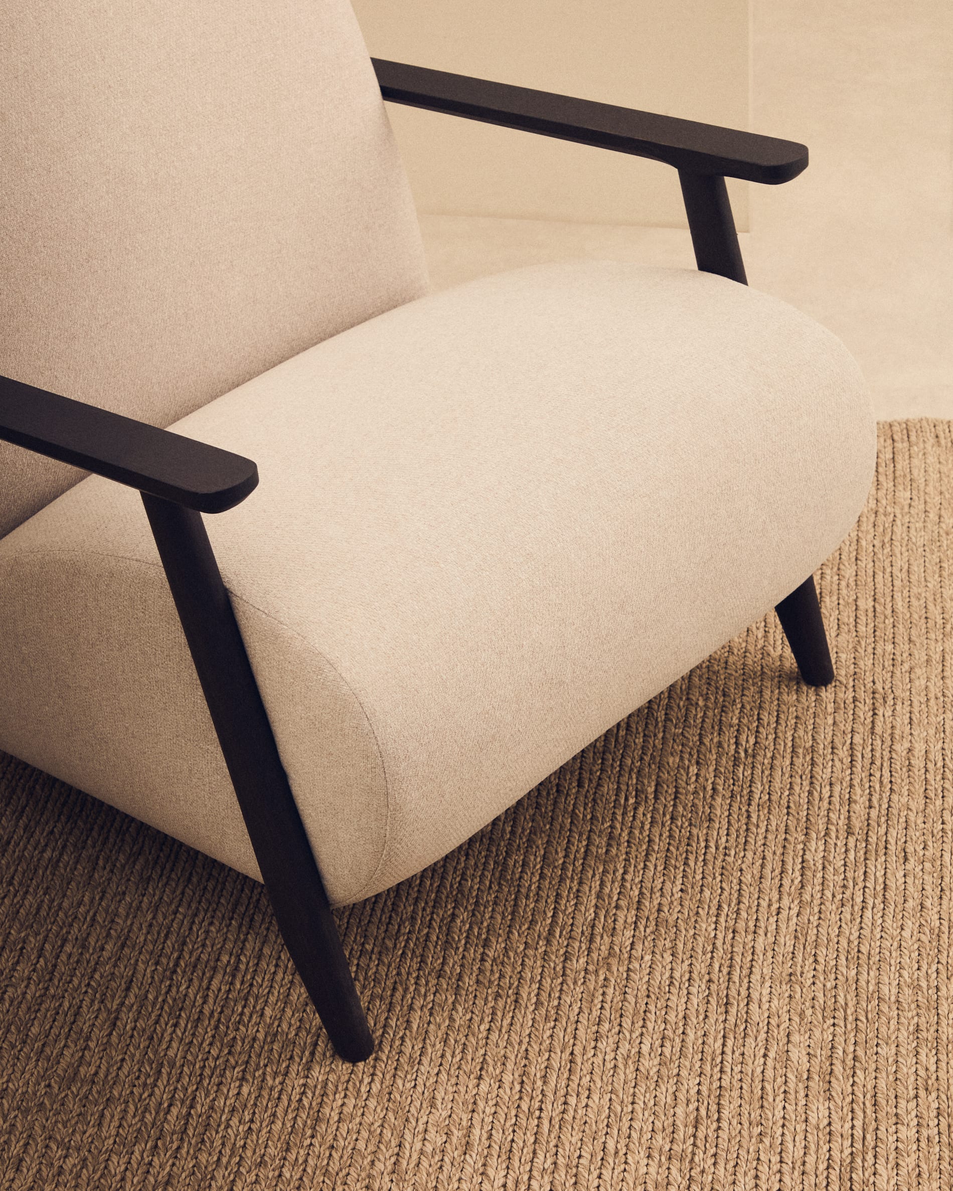 Meghan armchair in pearl chenille and with solid beech wood in a wenge finish FSC Mix Credit