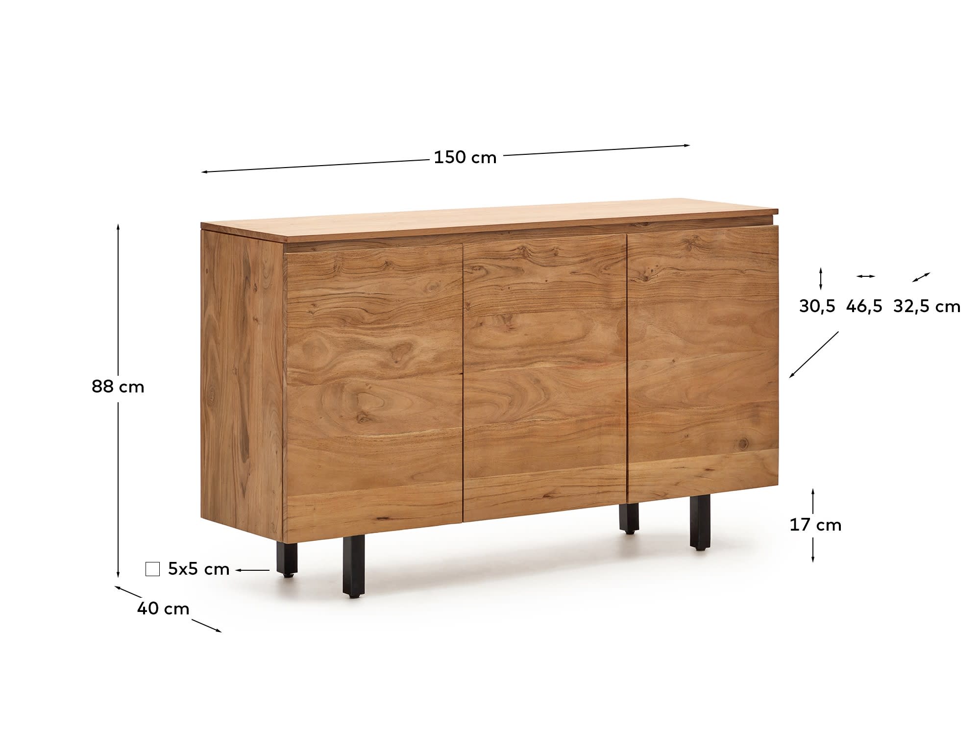 Uxue 3-door sideboard in solid acacia wood with bleached finish 150 x 88cm
