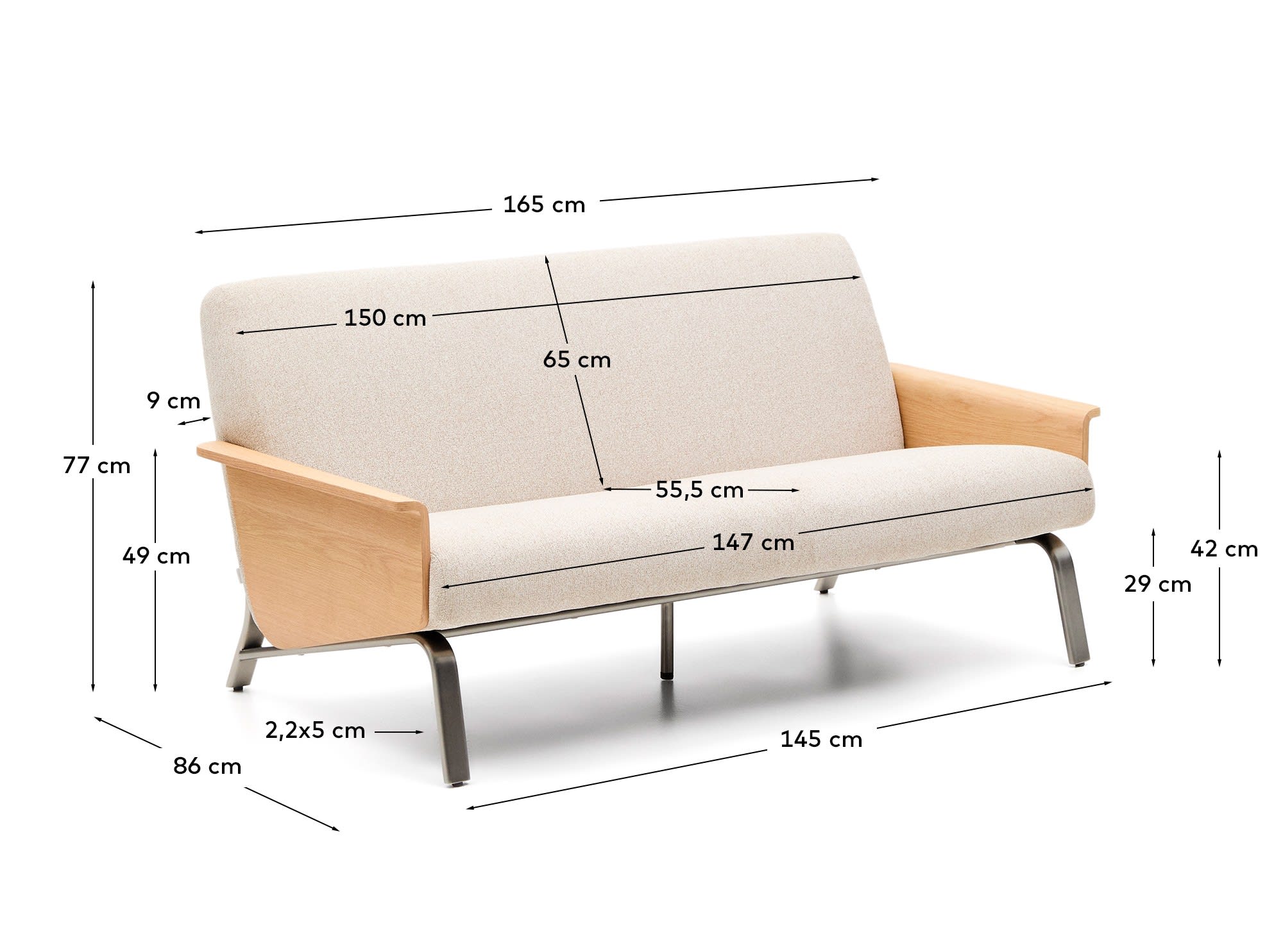 Amsen beige 2-seater sofa in oak plywood with brushed stainless steel legs 165cm