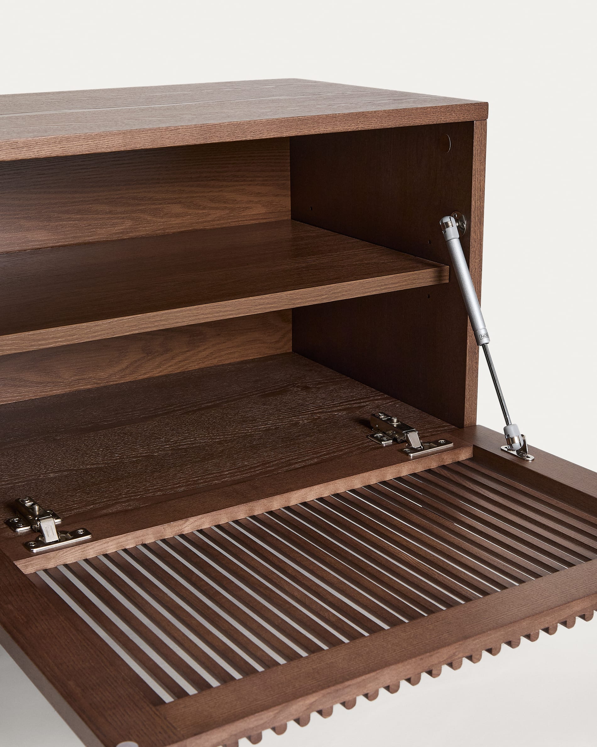 Beyla TV stand with 2 doors in ash veneer and solid ash wood with walnut-tone finish 180 x 49.5 cm FSC 100%