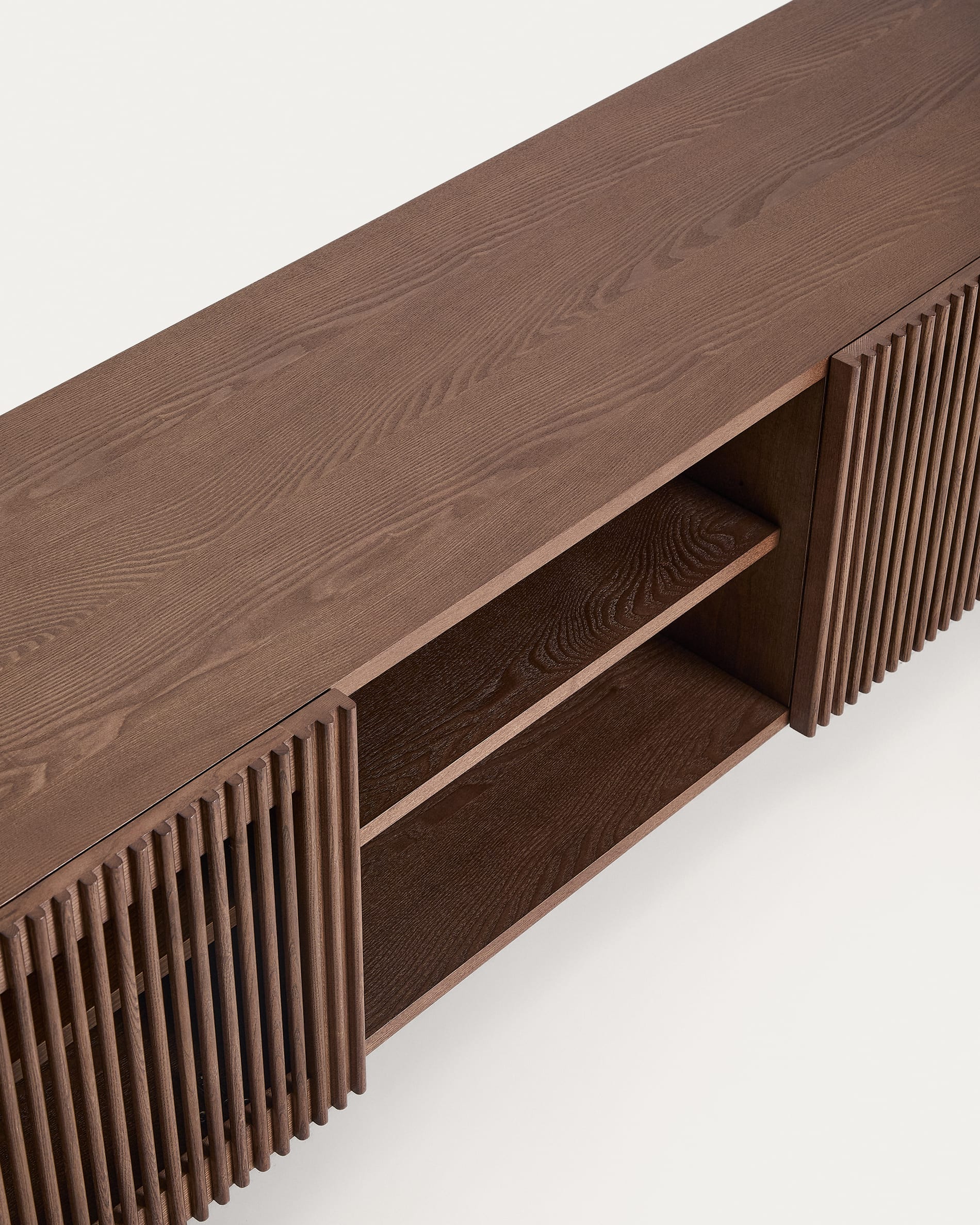 Beyla TV stand with 2 doors in ash veneer and solid ash wood with walnut-tone finish 180 x 49.5 cm FSC 100%