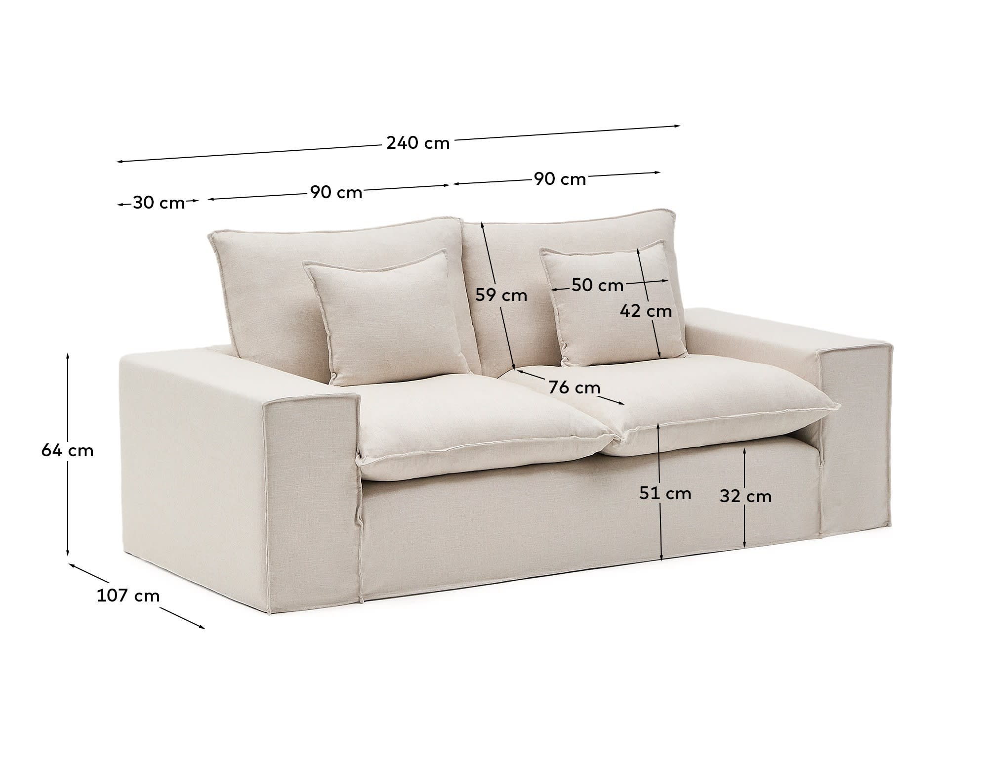 Anarela removable-cover 2-seater sofa with beige linen cushions FSC Mix Credit 240 cm.