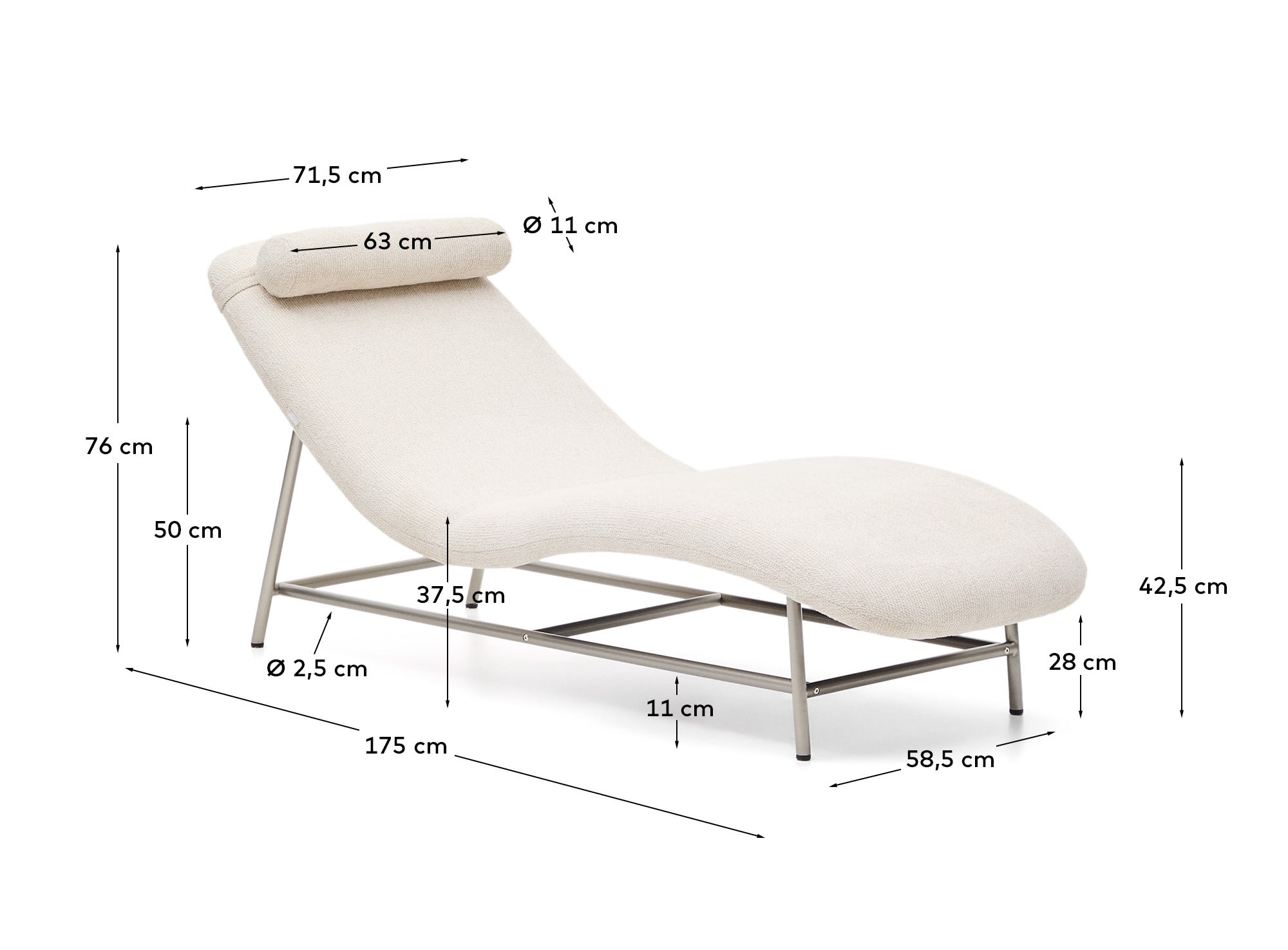 Osla chaise longue in beige chenille with brushed stainless steel legs FSC 100% 175 cm