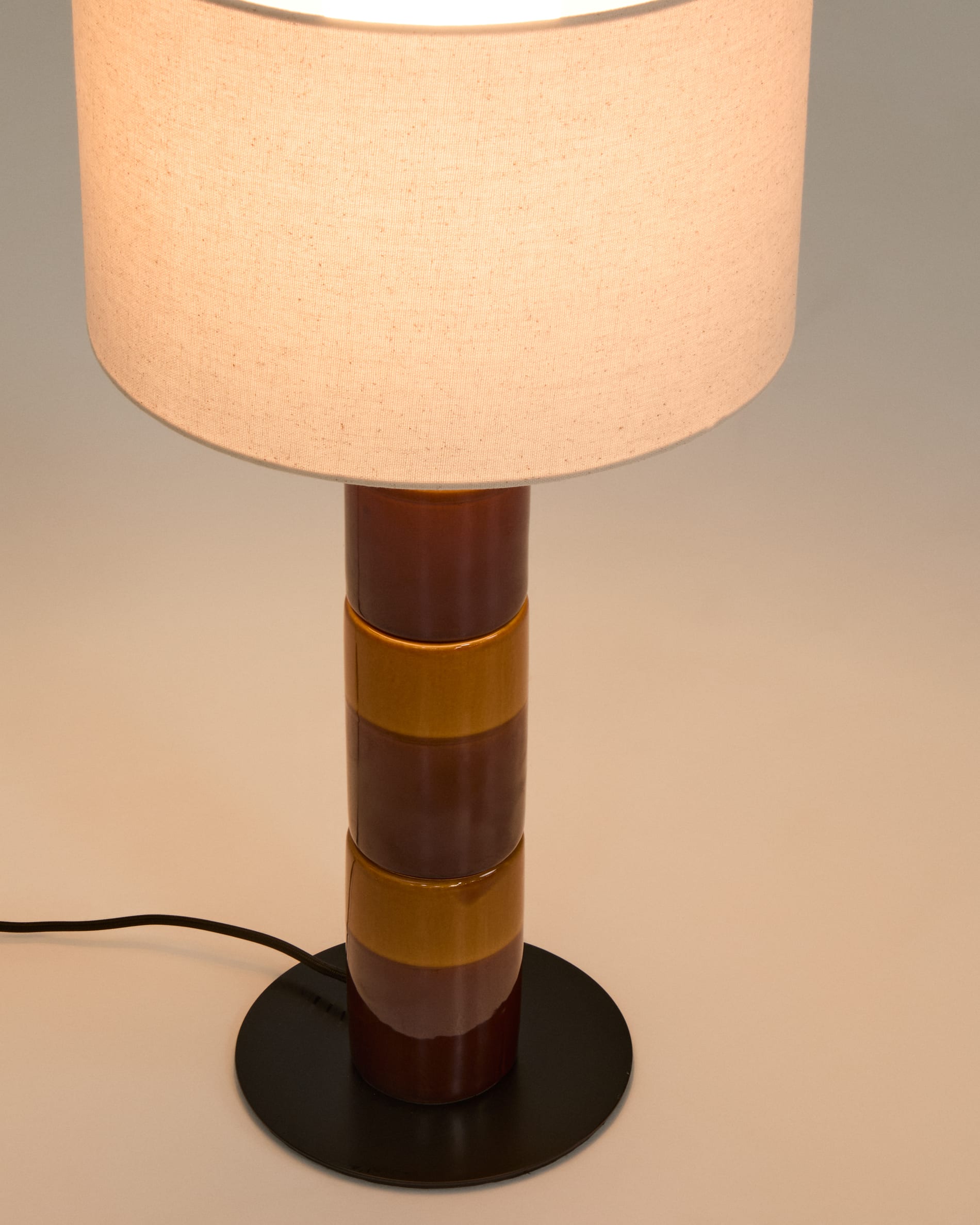 Mavran table lamp with brown and mustard ceramic base and cotton lampshade