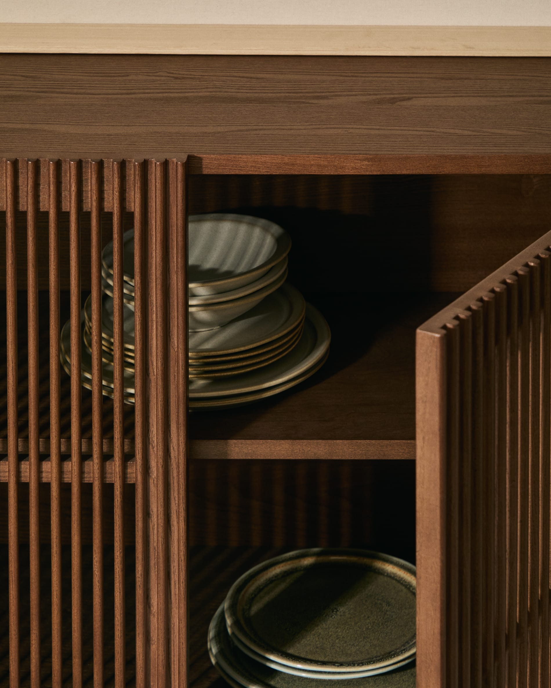 Beyla sideboard with 4 doors in ash veneer and solid ash wood with walnut-tone finish 180 x 71.5 cm FSC 100%