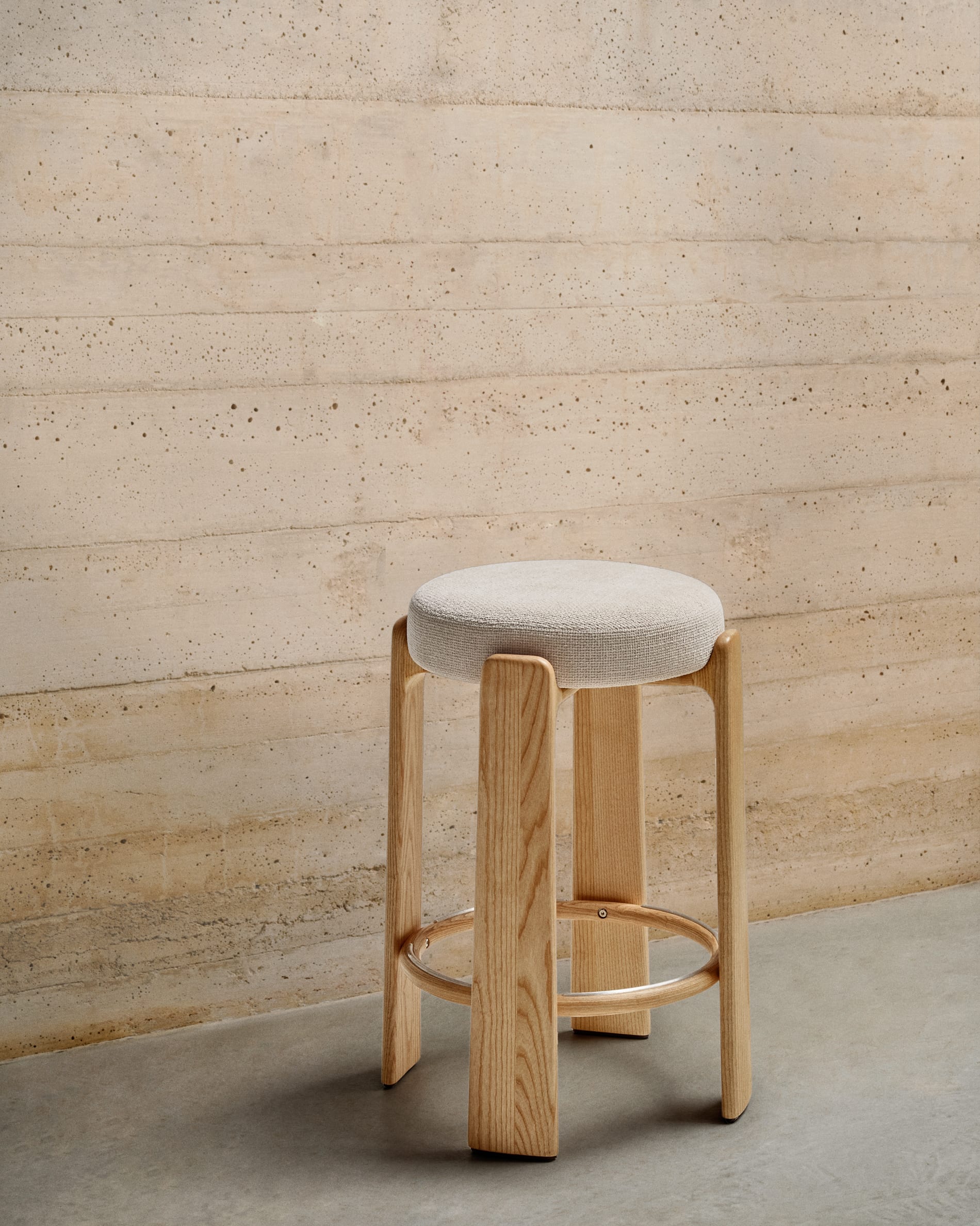 Granite fire-retardant stool in beige chenille and solid ash wood with natural-coloured finish FSC 100% 75cm
