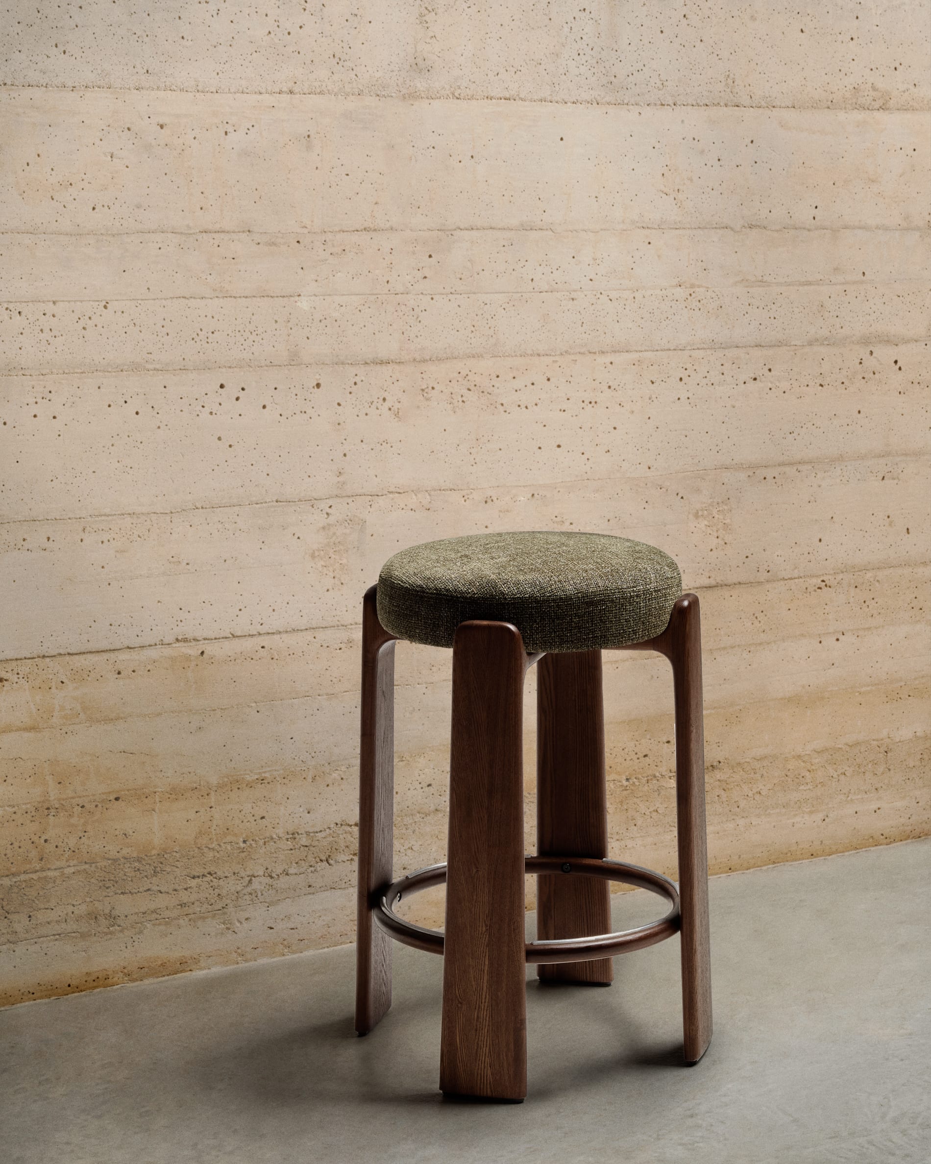 Granite fire-retardant stool in green chenille and solid ash wood with ...