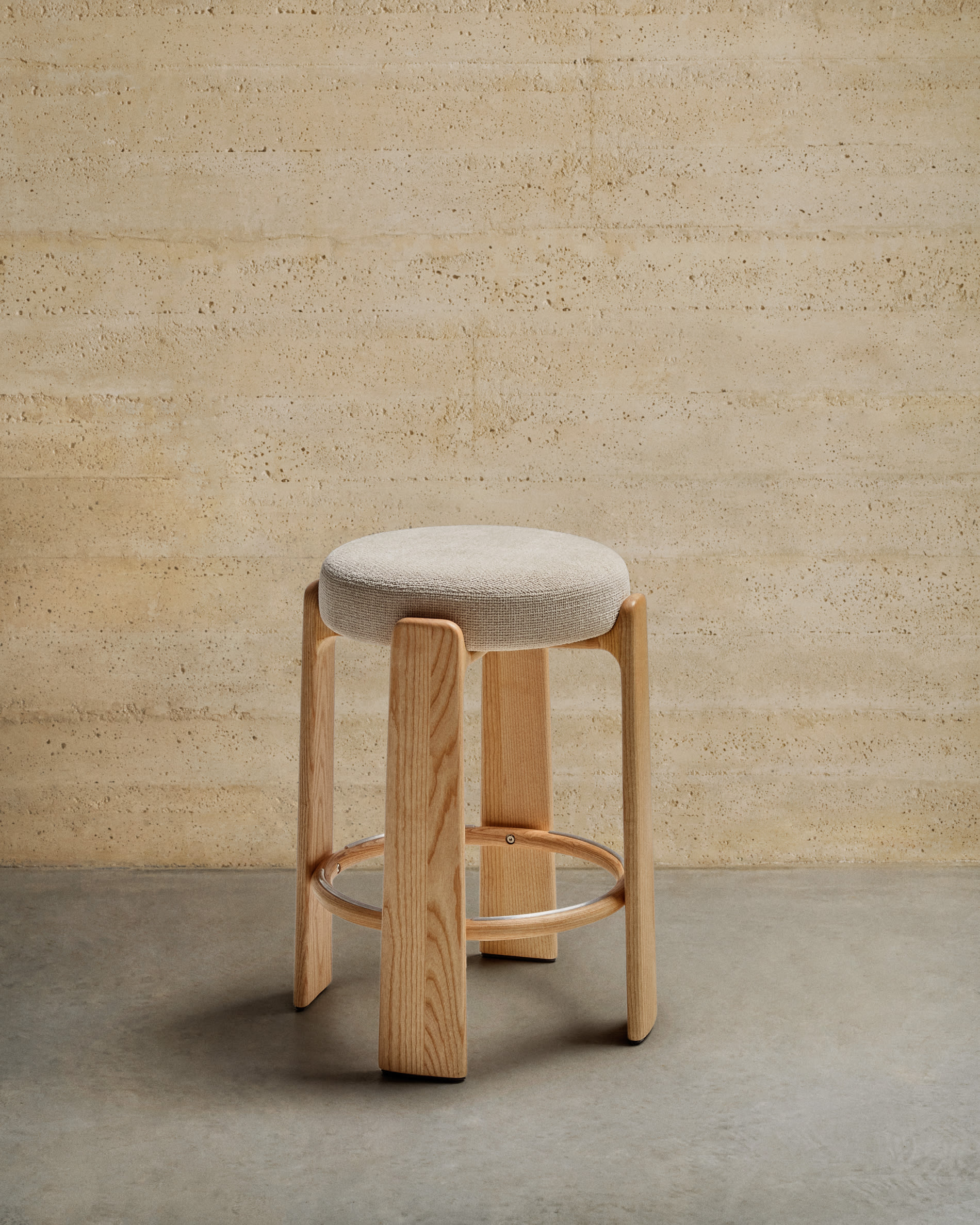 Granite fire-retardant stool in beige chenille and solid ash wood with natural-coloured finish FSC 100% 65cm