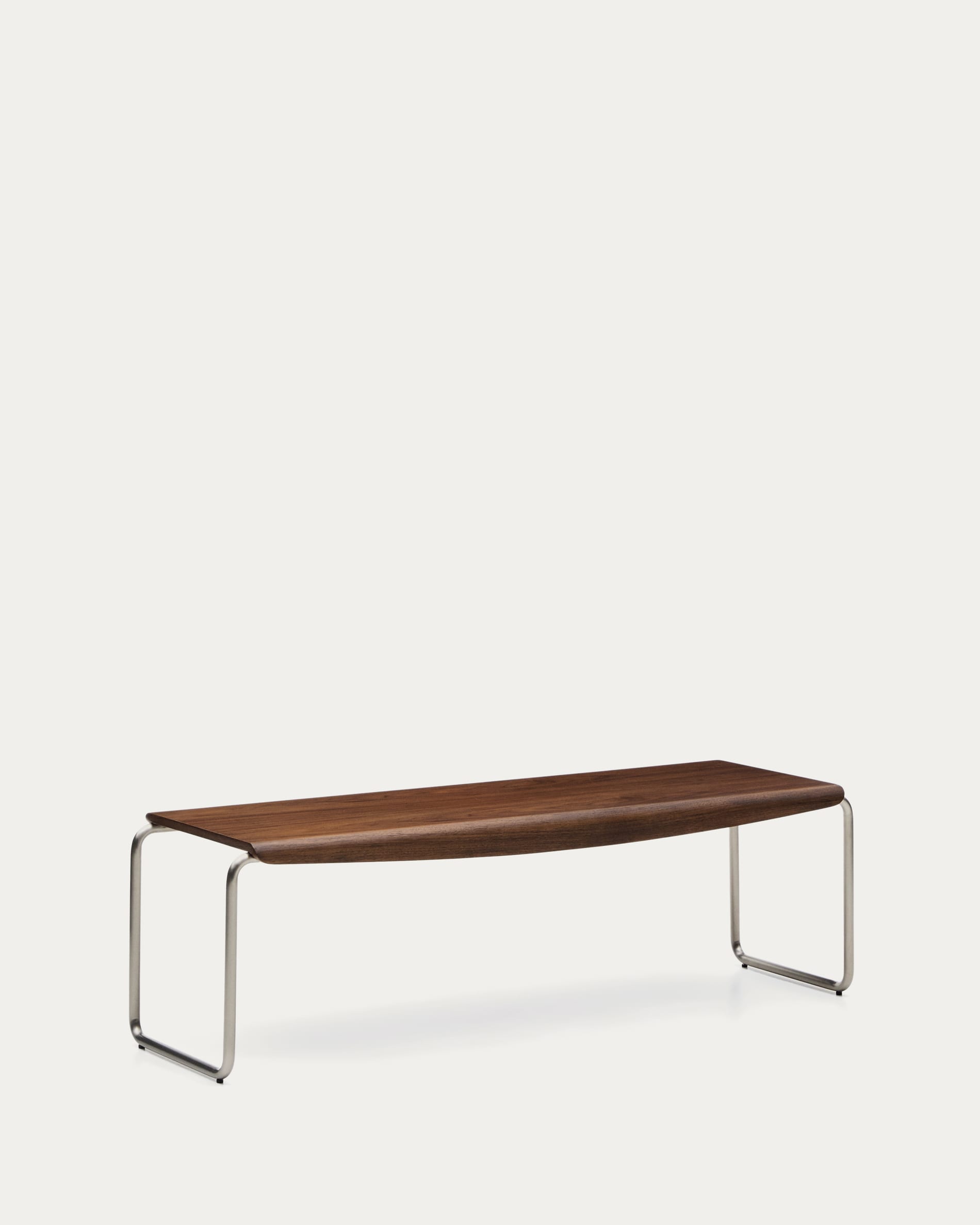 Tarsel bench in walnut veneer with brushed stainless steel structure 142cm
