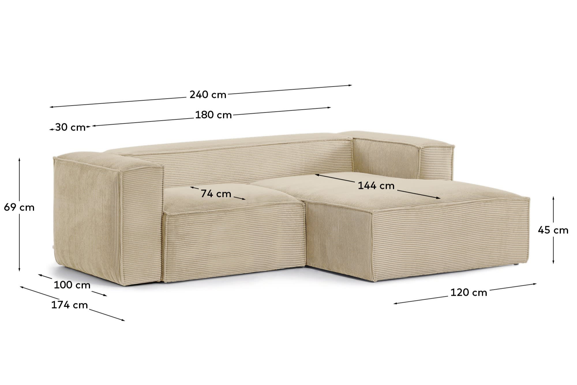 Blok 2-seater right chaise longue sofa in natural thick corduroy 240cm FSC Mix Credit